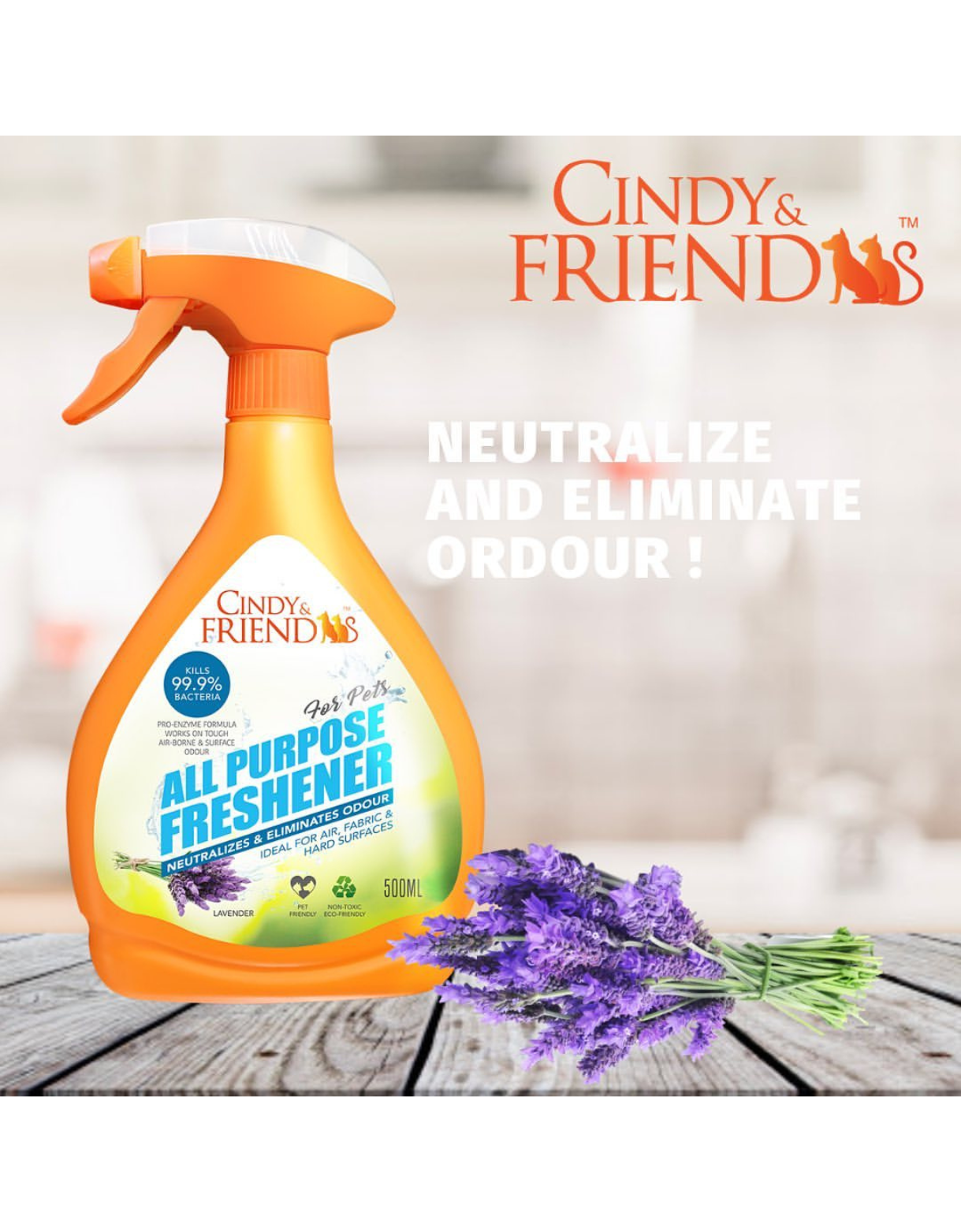 Natural Lavender Pet Odor Eliminator Spray - All-Purpose Freshener for Dogs & Cats | 500ml | Safe for Home, Car & Pet Bedding