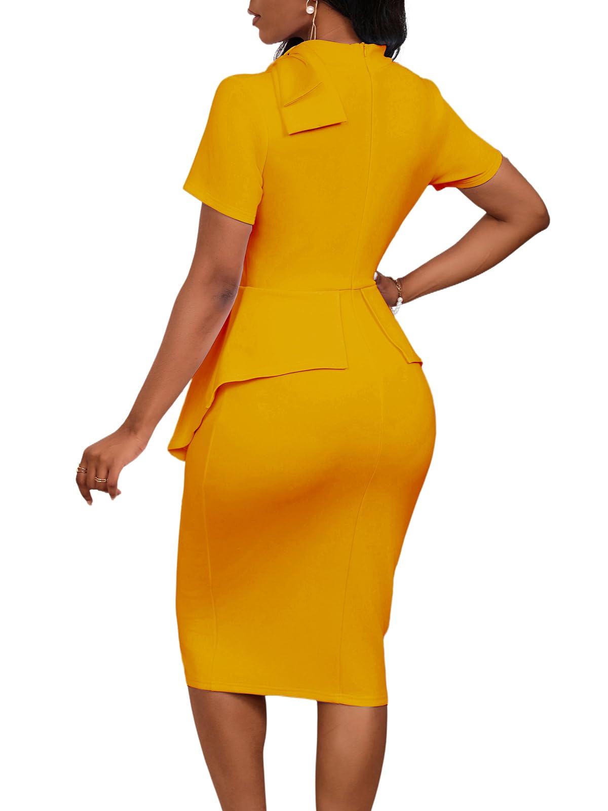 WanMem Women's Formal Bodycon Peplum Cocktail Dress - Short Sleeve Bow Ruffle Pencil Party Midi Dress for Evening Events, Weddings & Night Out