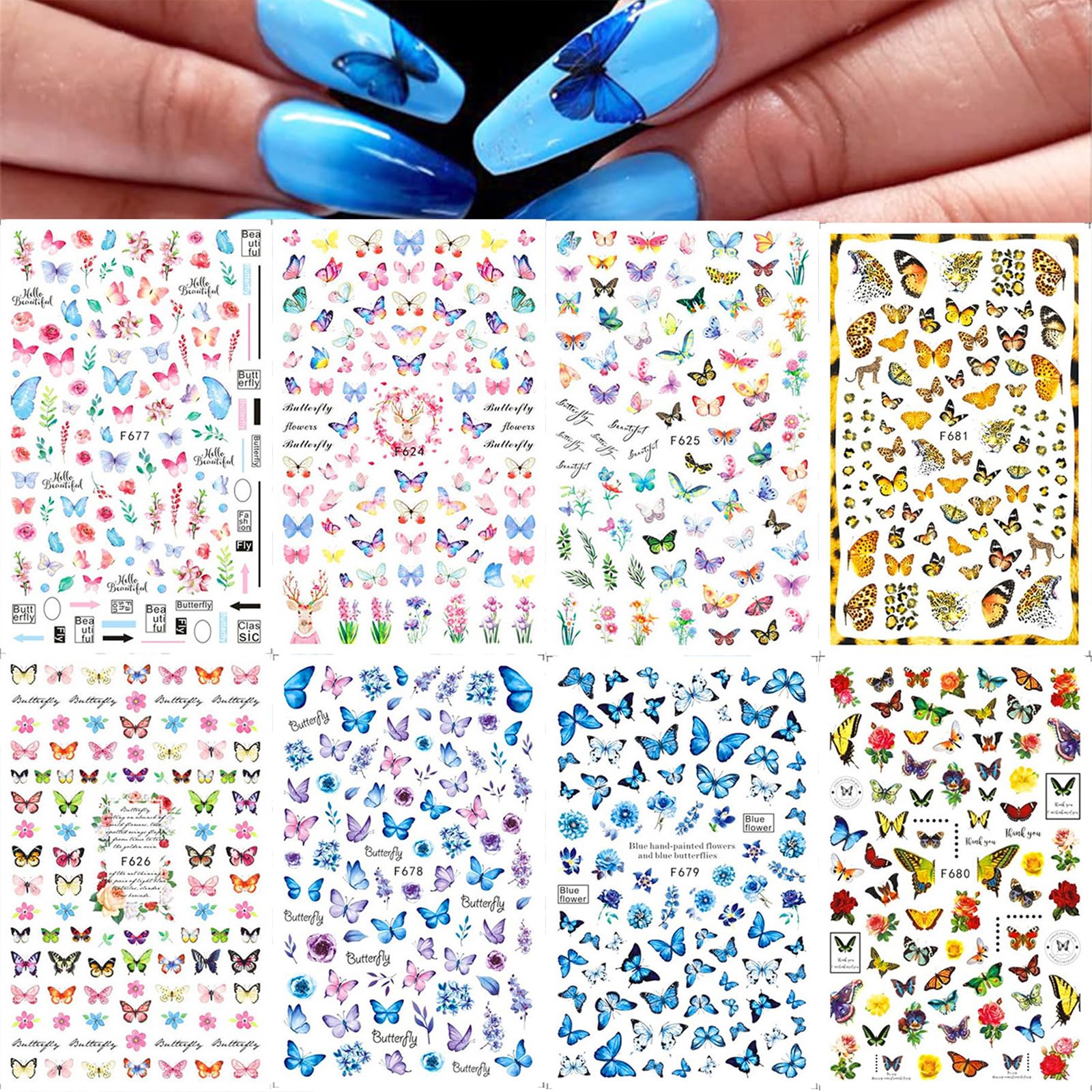 8 Sheets 3D Butterfly Nail Art Stickers - Self-Adhesive Floral Flower Nail Decals for DIY Manicure, Spring Summer Nail Decor (Perfect for Parties, Weddings & Everyday Nail Art)