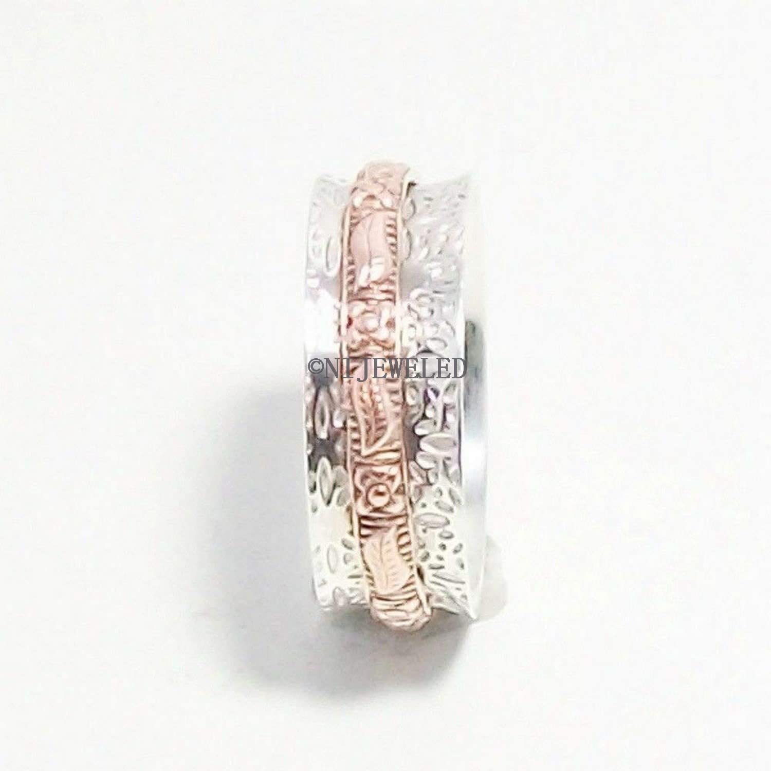 Stylish Unisex 925 Sterling Silver Two-Tone Spinner Ring - Vintage Anxiety Relief Band for Men & Women | Perfect Christmas Gift, Anniversary Present or Everyday Wear Jewelry