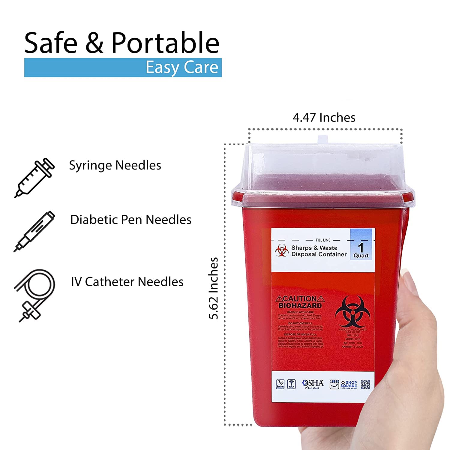 1 Quart Sharps Containers for Safe Needle Disposal at Home | Small Biohazard Waste Bins for Diabetic, Medical & Tattoo Use | FDA-Compliant Sharps Disposal Solution