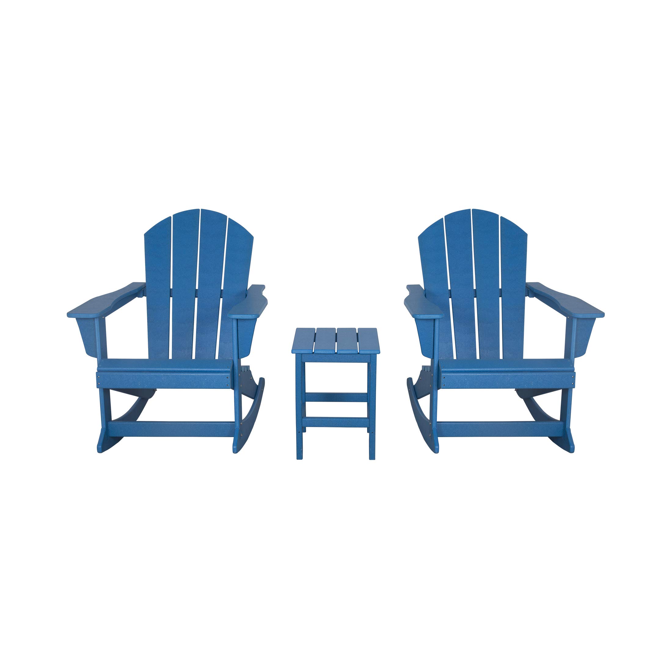 WO Home Furniture 3-Piece Patio Rocking Chair Set - Classic Outdoor Adirondack Rocker Chairs & Table in Pacific Blue - Perfect for Backyard, Garden, Porch & Poolside Relaxation