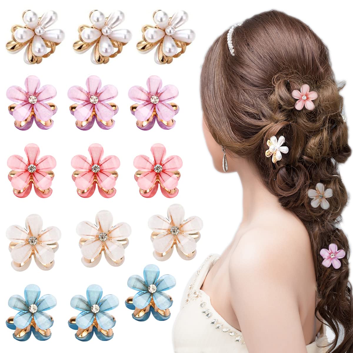 15 Pack Floral Hair Clips with Pearls - Cute Mini Flower Barrettes & Tiny Hair Claw Clips for Women & Girls - Non-Slip Hair Accessories for Thin or Thick Hair - Perfect for Weddings, Parties & Everyday Styling