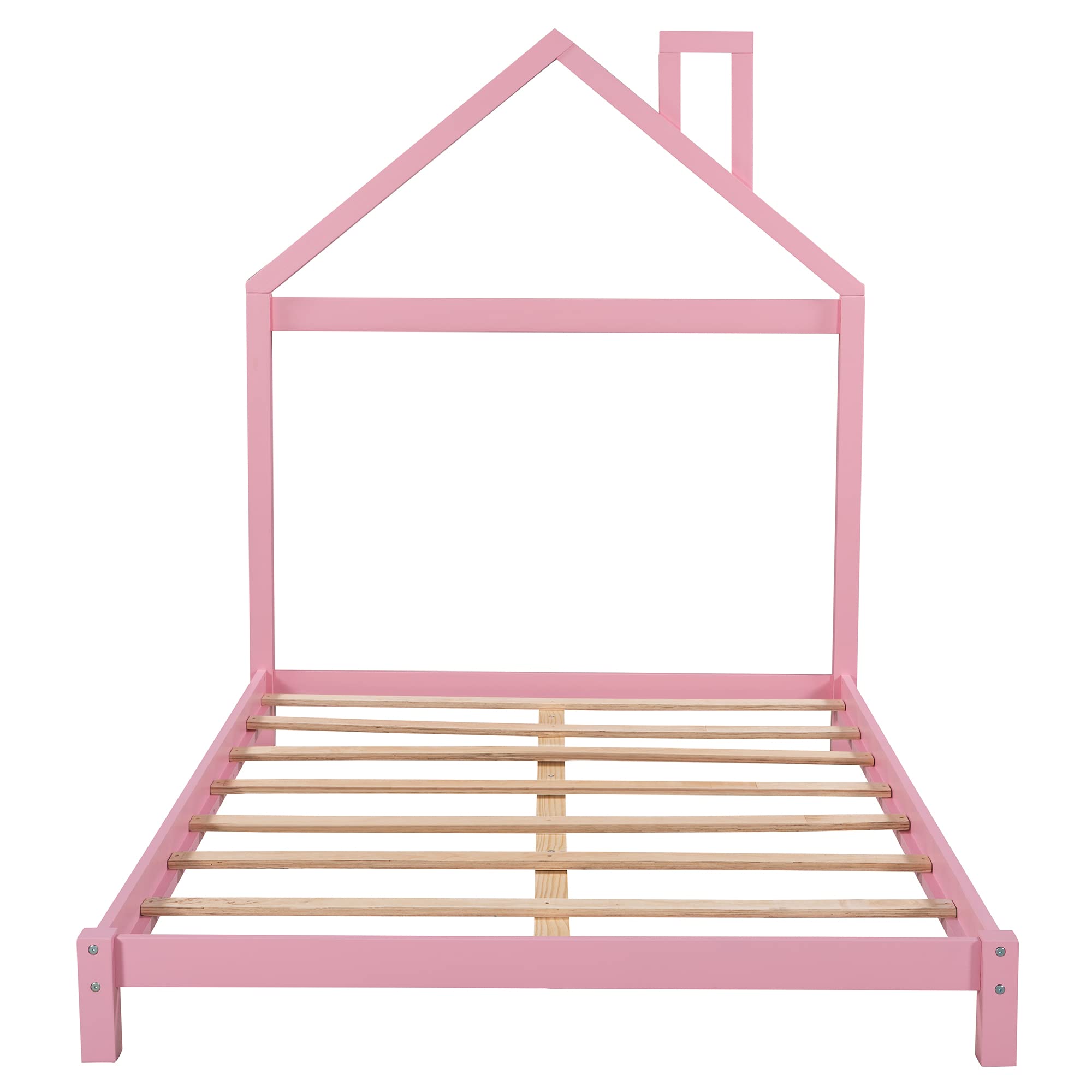 Full Size Bed Frame with House Shaped Headboard & Slats - Sturdy Platform Bed for Kids, Boys & Girls in Pink - Perfect for Bedrooms, Playrooms & Kids' Sleepovers