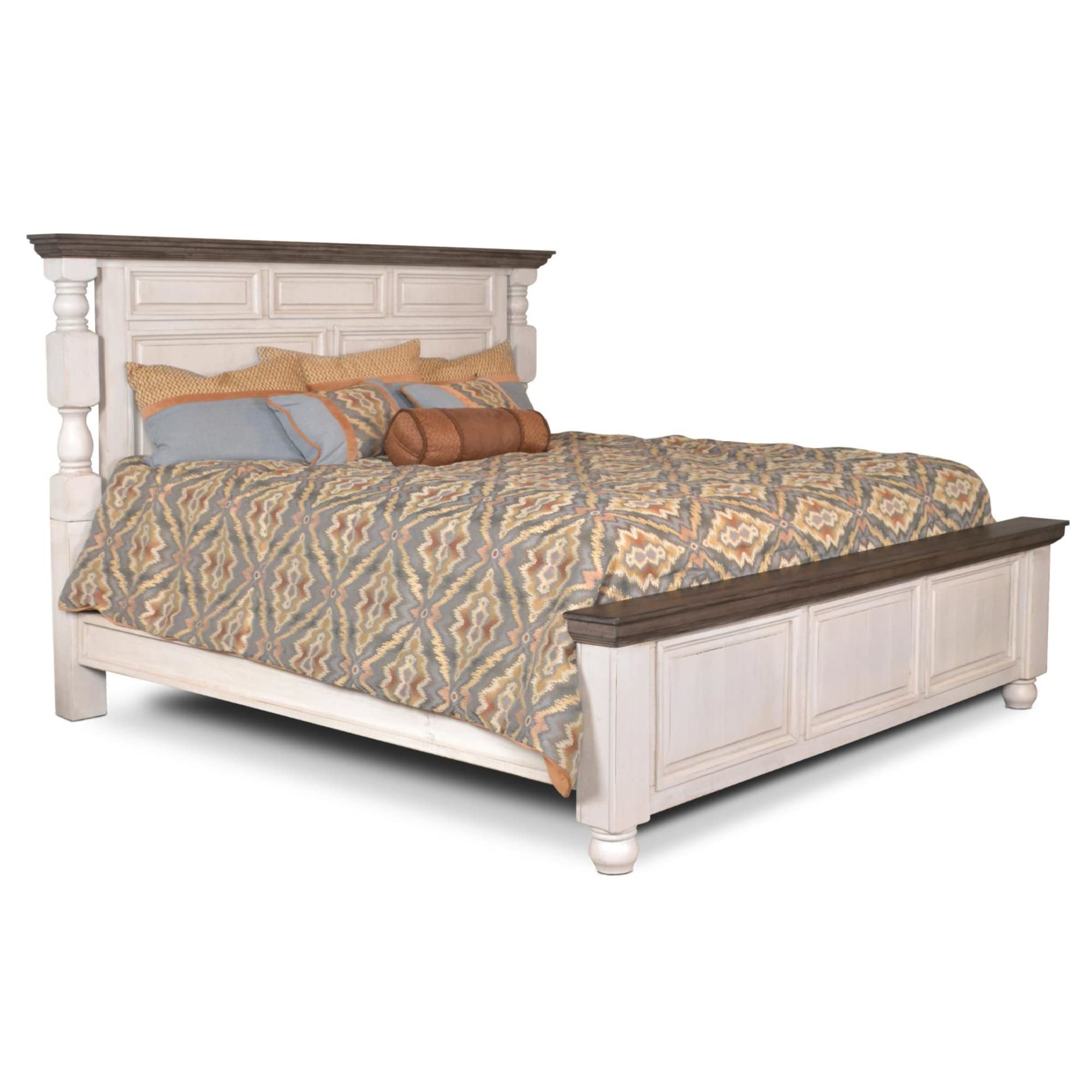 Rustic French Panel Bed - Distressed Solid Wood King Size Bed Frame with Adjustable Base Compatibility | Cottage White & Brown Finish for Farmhouse, Coastal & Vintage Bedroom Decor