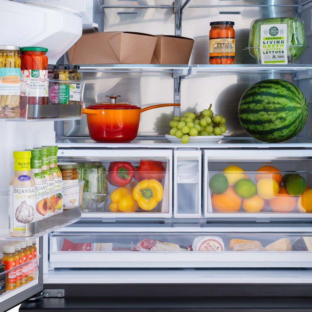 ZLINE Autograph Edition 36 Inch French Door Refrigerator - 28.9 cu ft Capacity, External Water Dispenser, Dual Ice Maker, Fingerprint Resistant Black Stainless Steel with Polished Gold Handles (RSMZ W 36 BS G) - Perfect for Modern Kitchens, Entertaining & Large Family Storage