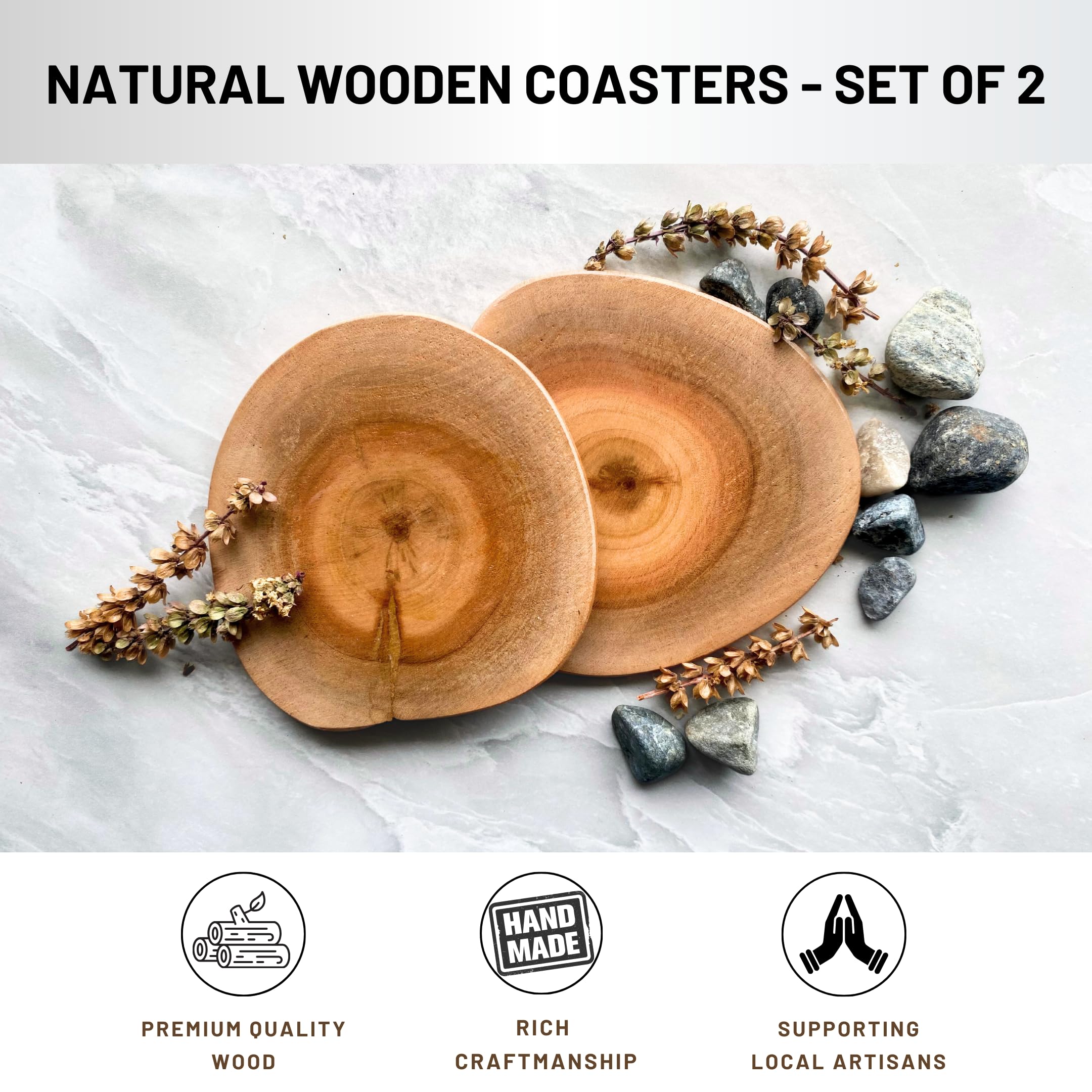 GOFURNISIA ® Set of 2 Rustic Wooden Coasters for Drinks - Natural Solid Wood Log with Finished Edge - Perfect for Dining Table, Coffee Table & Home Decor