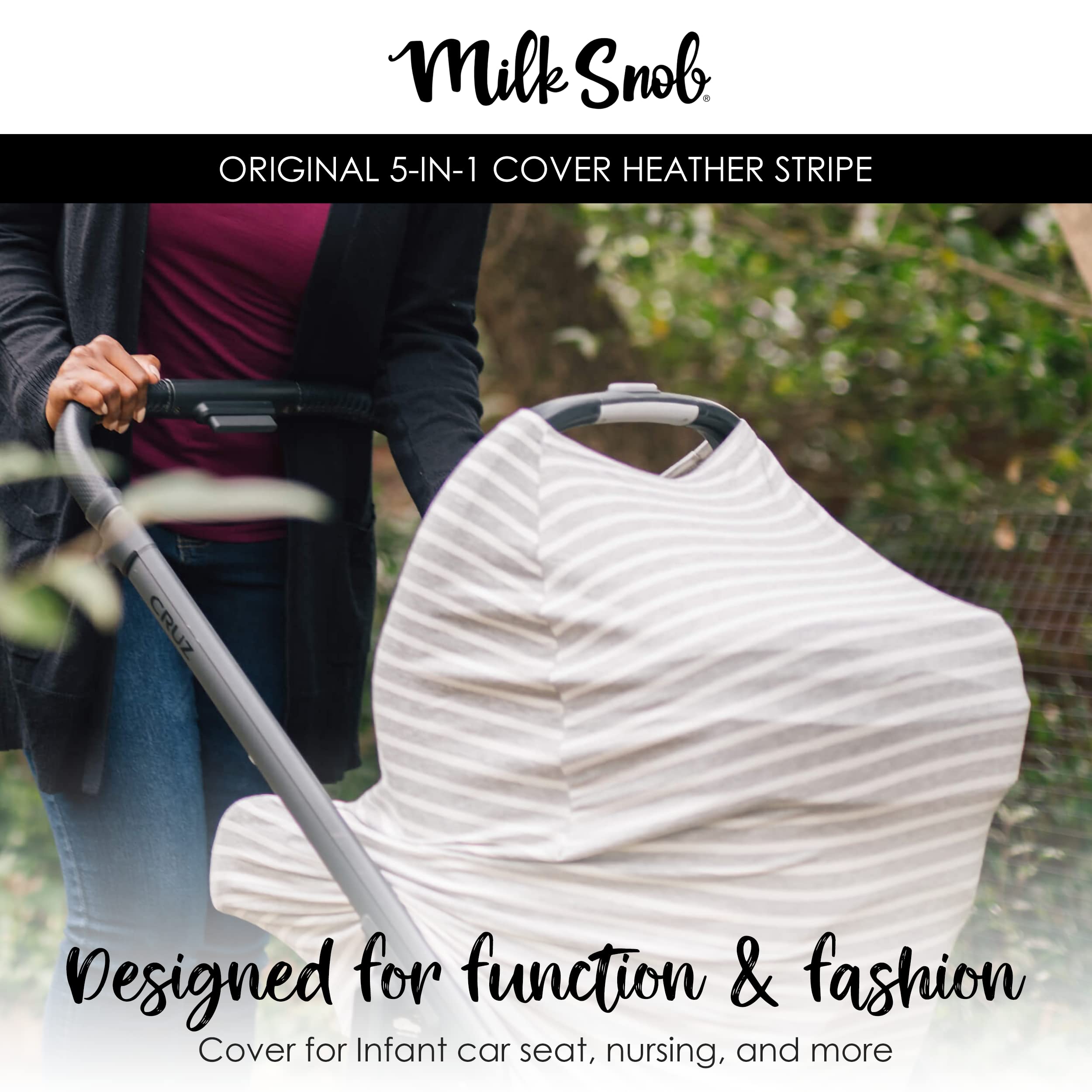 Milk Snob Original 5-in-1 Nursing Cover - Premium Baby Car Seat Cover, Stroller Canopy & High Chair Cover for Newborns - Breastfeeding Privacy Cover, Shopping Cart Protector & Lounger Canopy - Heather Gray Stripe - Perfect for Nursing, Travel & Outdoor Activities