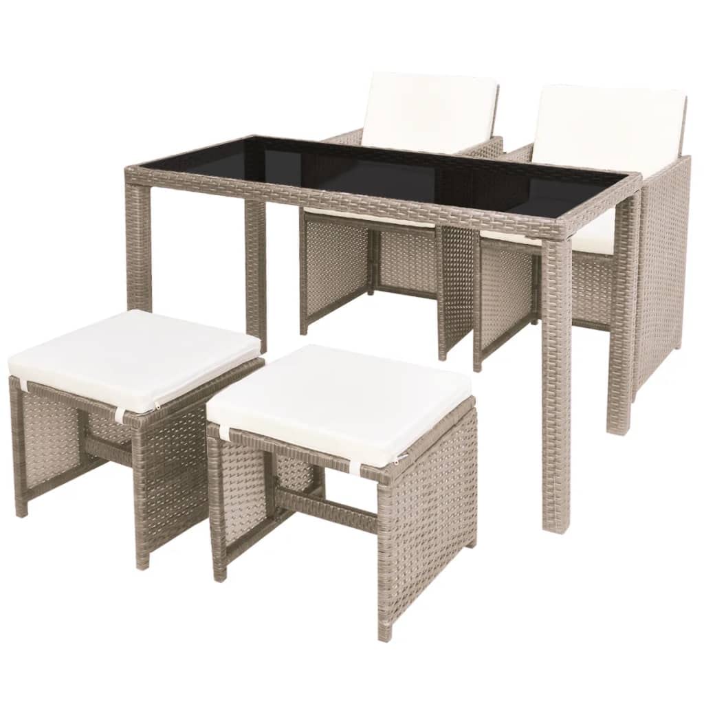 5-Piece Patio Furniture Set with Table & Chairs - Outdoor Dining Set for Garden, Balcony, Porch - Beige Poly Rattan with Cushions & Stool - Perfect for Backyard BBQs, Poolside Relaxation & Outdoor Entertaining