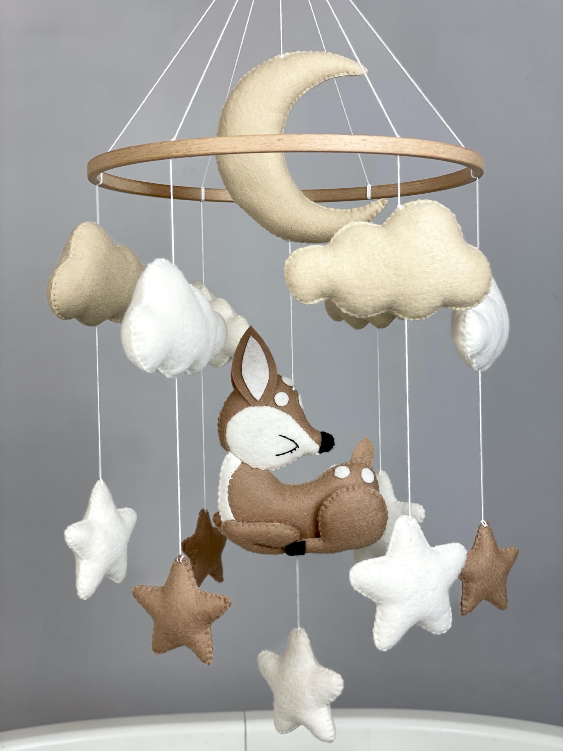 Gender Neutral Baby Crib Mobile - Woodland Deer Nursery Decor with Felt Hanging Animals in Beige | Perfect for Baby Showers, Newborn Gifts & Nursery Room Decoration