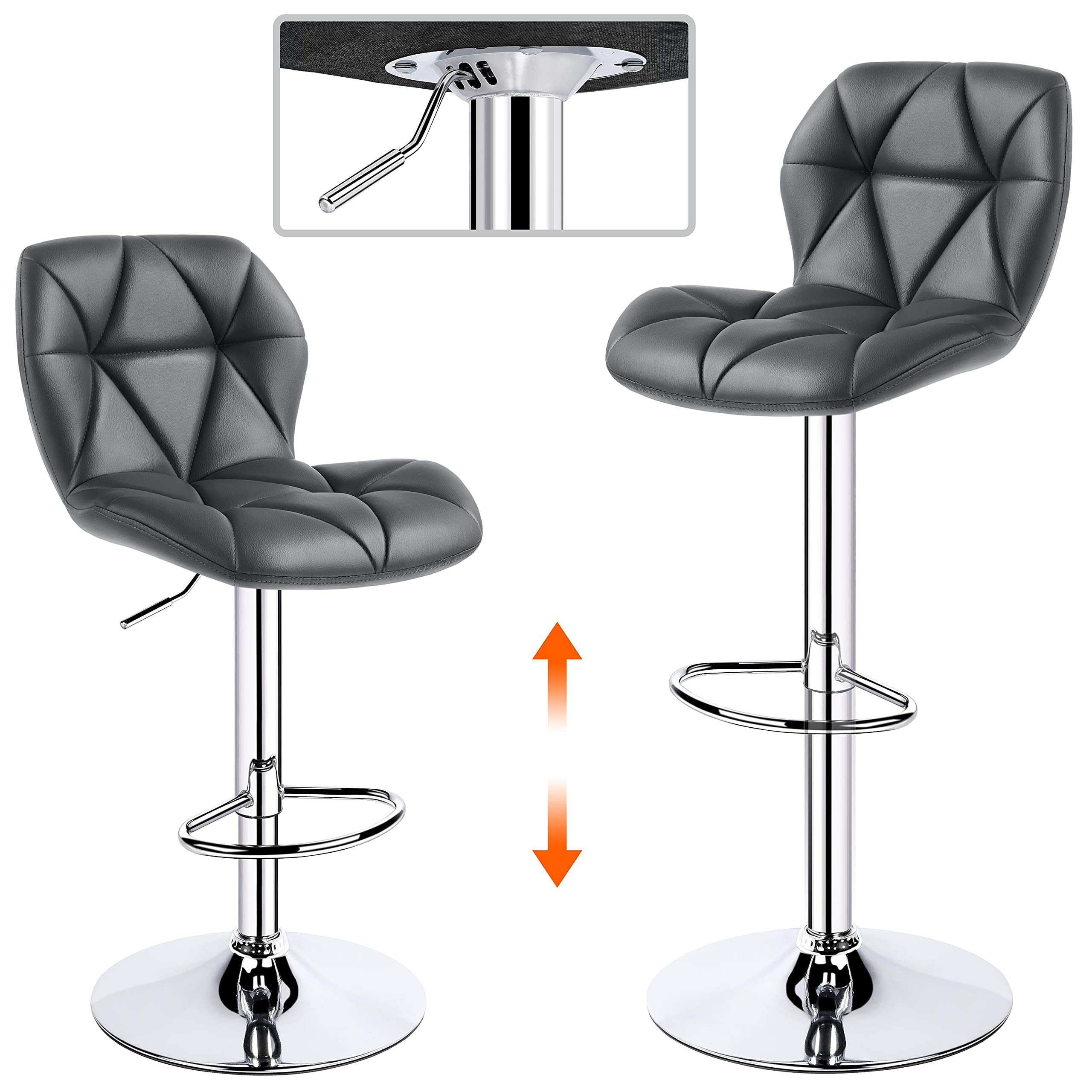 Topeakmart 2-Piece PU Leather Bar Stools Set - 360° Swivel Counter Height Bar Chairs with Backrest, Grey - Perfect for Home Kitchen, Breakfast Nook, and Entertainment Areas