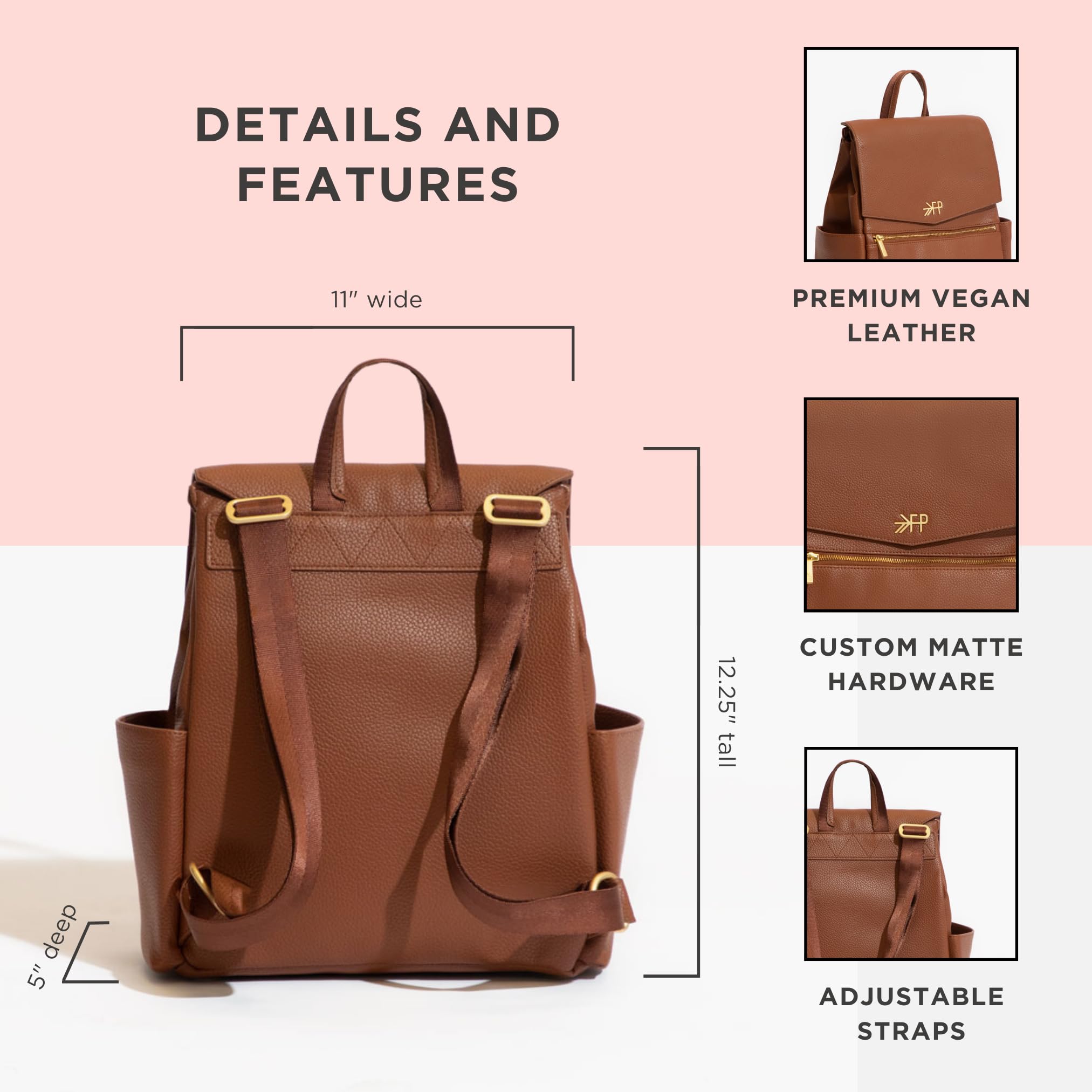 Freshly Picked Mini Classic Diaper Bag Backpack - Wipeable Vegan Leather with 8 Pockets (Cognac) - Perfect for Baby Essentials, Travel & On-the-Go Parents