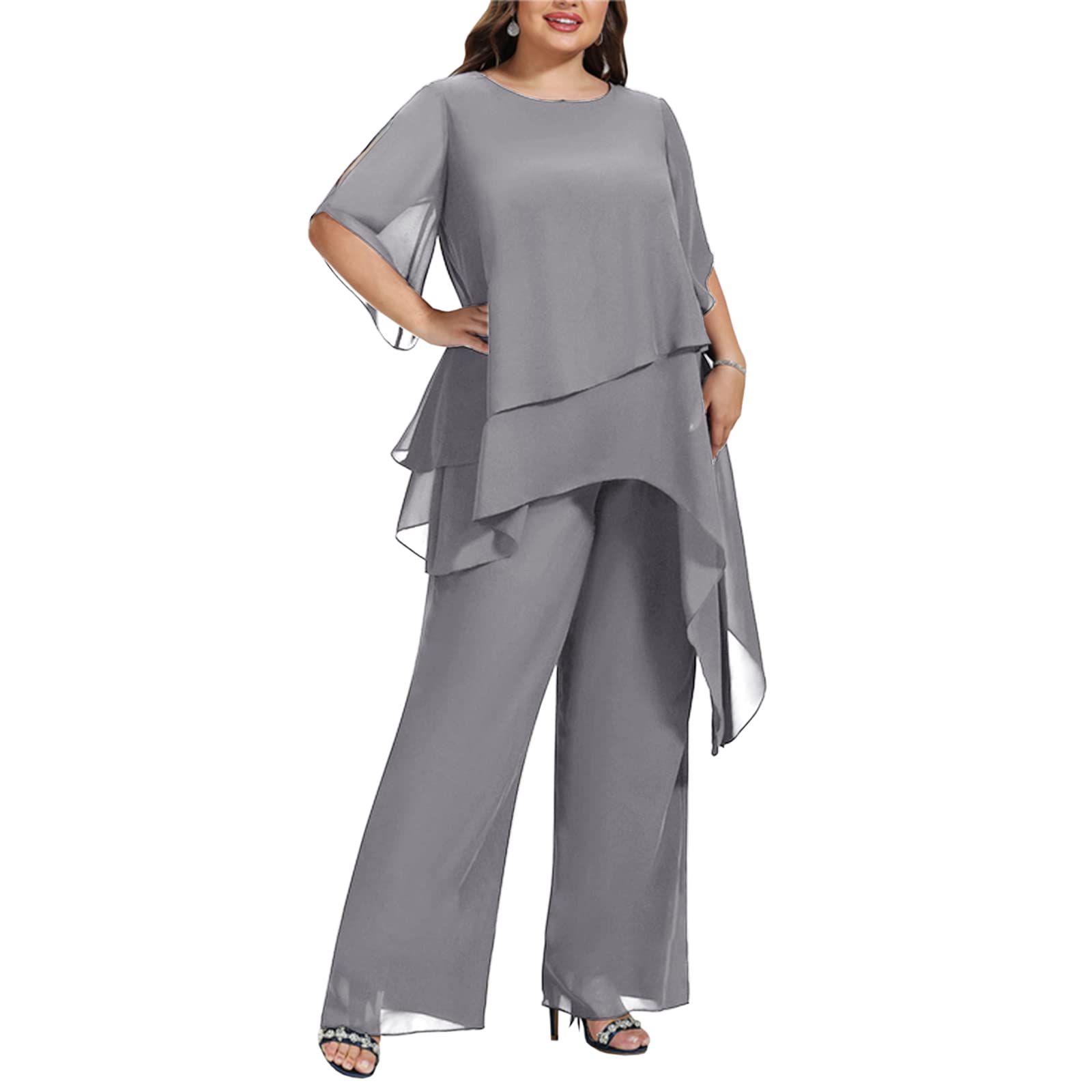 Zongqiven Women's 2-Piece Plus Size Mother of the Bride Pant Suit Set - Flowy Chiffon Asymmetric Tunic & Pants Outfit for Weddings, Parties & Special Occasions