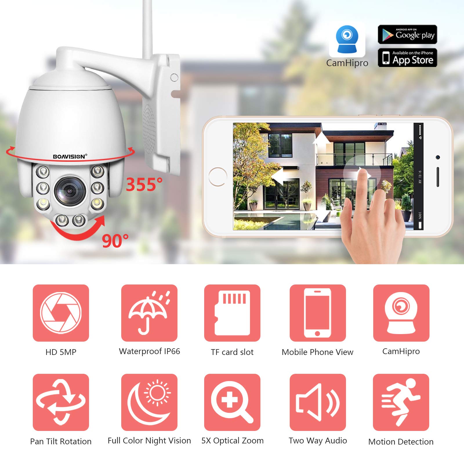 BOAVISION 5MP PTZ WiFi Security Camera - Outdoor Wireless IP Camera with 5X Optical Zoom, Two-Way Audio, 196ft Full Color Night Vision, CamHipro Protocol - Ideal for Home Security, Baby Monitoring & Business Surveillance