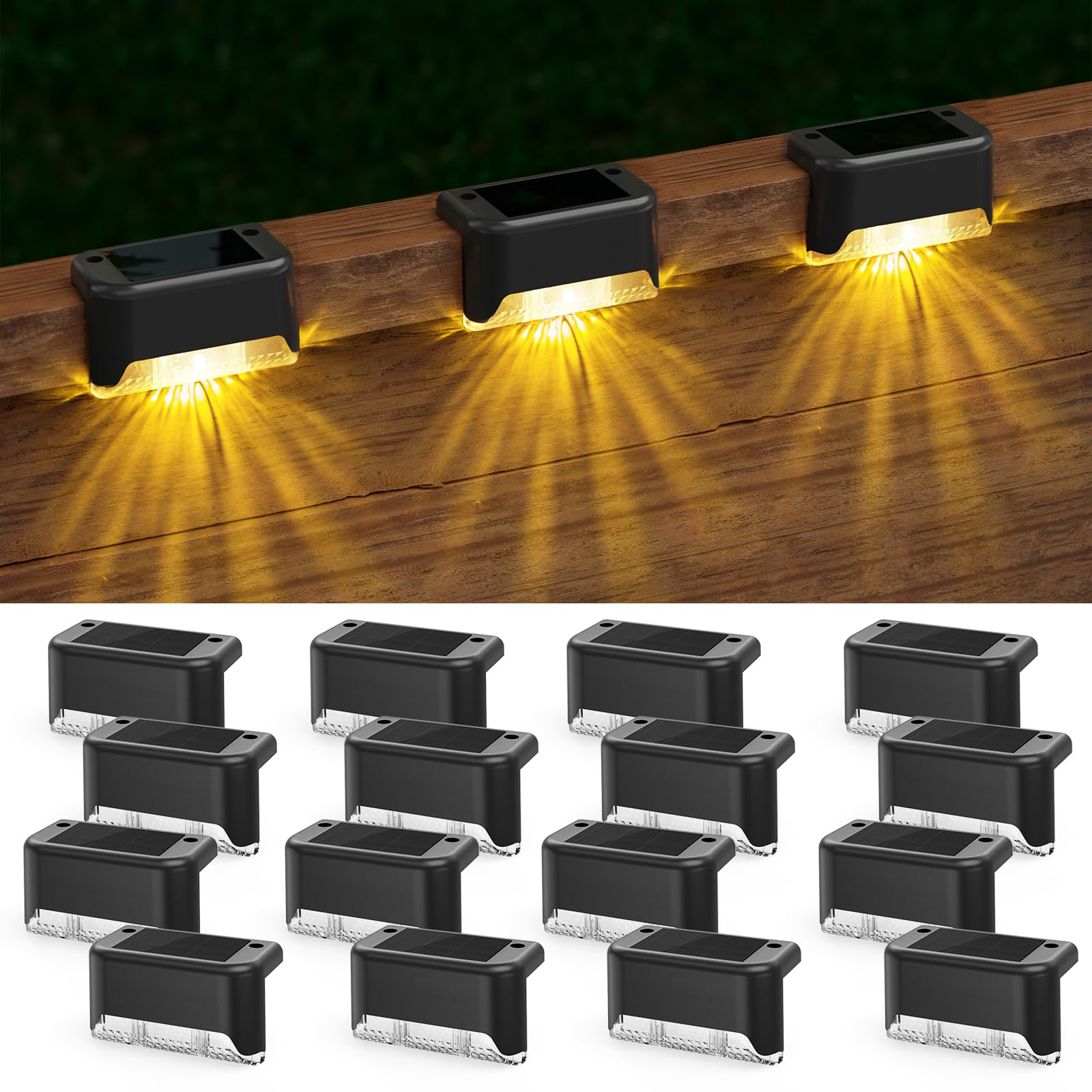 APONUO 16 Pack Solar Deck Lights - Waterproof Outdoor LED Solar Step Lights for Stairs, Fence, Backyard & Patio (Warm White) | Perfect for Pathway, Garden & Landscape Lighting at Night