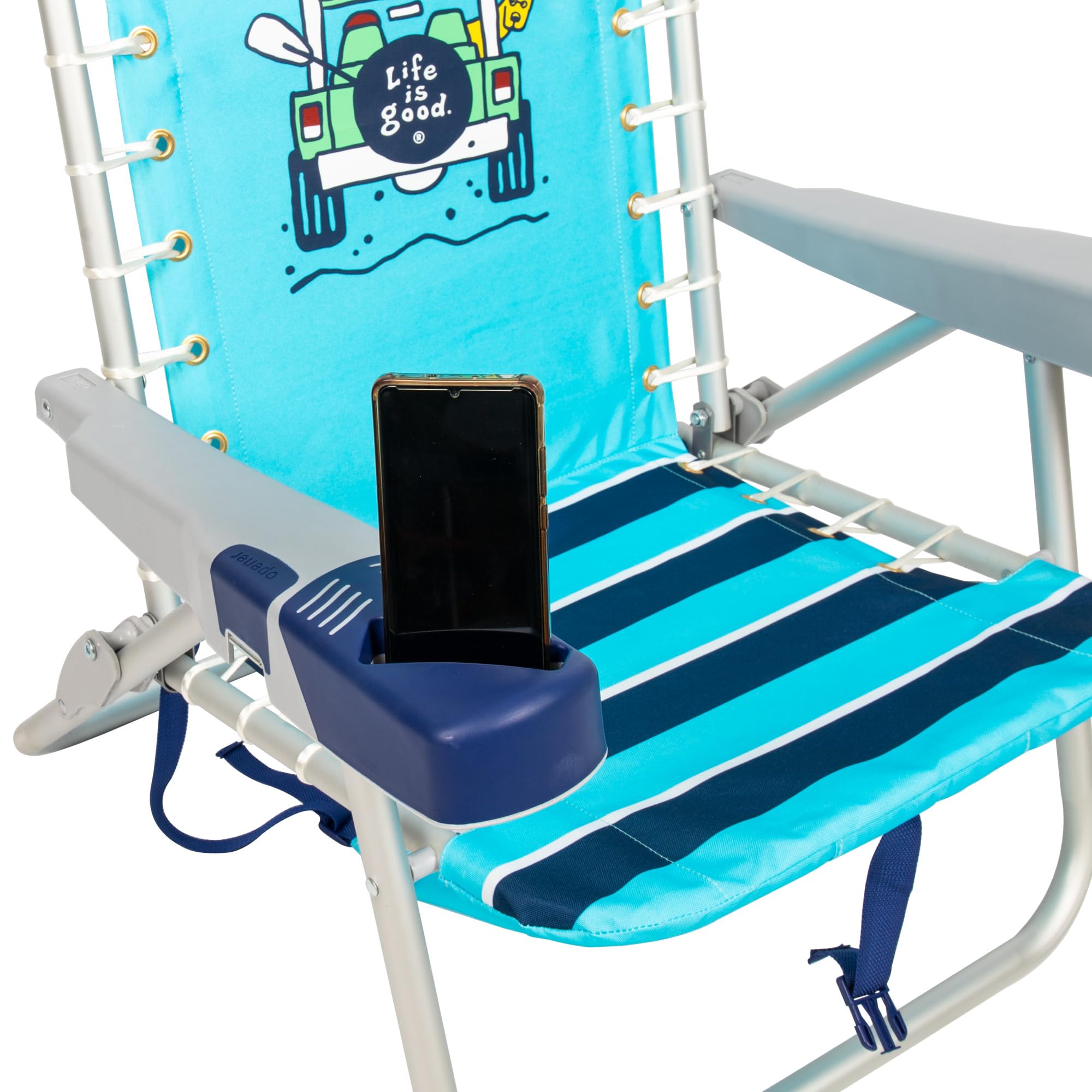 Life is Good 4-Position Adjustable Lace-up Backpack Beach Chair with Pillow, Cup Holder & Phone Pocket - Portable Folding Camping Chair for Beach, Park, Travel & Outdoor Activities - Island Blue