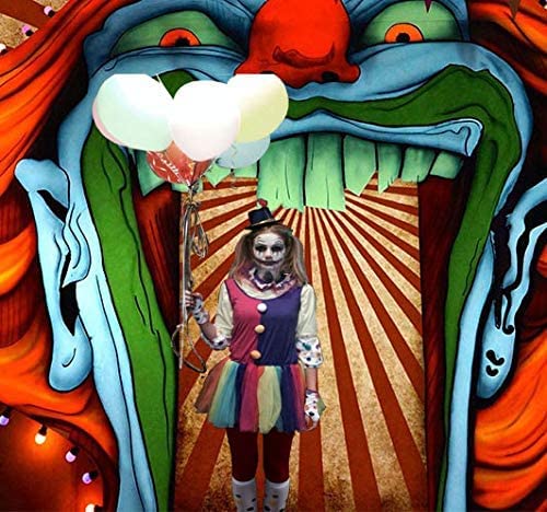 Scary Giant Clown Photography Backdrop - Red & White Stripe Carnival Photo Booth Background (7x5ft Vinyl) for Horror Circus, Haunted House & Halloween Party Decor | Studio Props, Halloween Banner & Party Supplies | Perfect for Spooky Events, Themed Parties & Photo Shoots