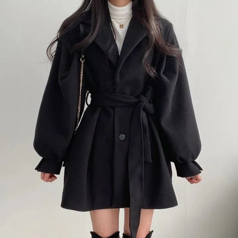 Women's Wool Blend Trench Coat with Lace-Up Front, Turn-Down Collar & Pockets – Warm Winter Long Sleeve Overcoat for Office, Dating & Fall Fashion