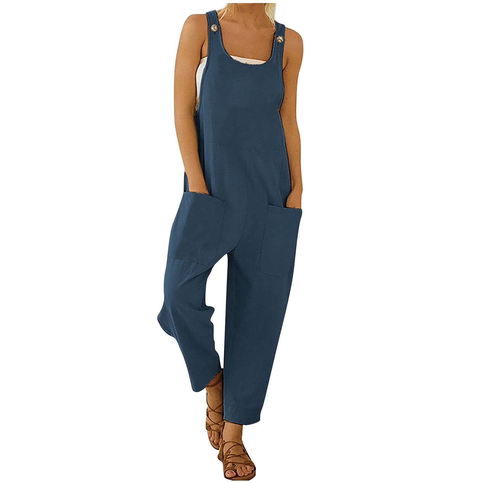 Women's Casual Long Sleeve Romper with Pockets - Solid Blue Button Front Boho Jumpsuit with Adjustable Straps (Size S) - Perfect for Summer Outings, Beach Vacations, and Boho Chic Fashion