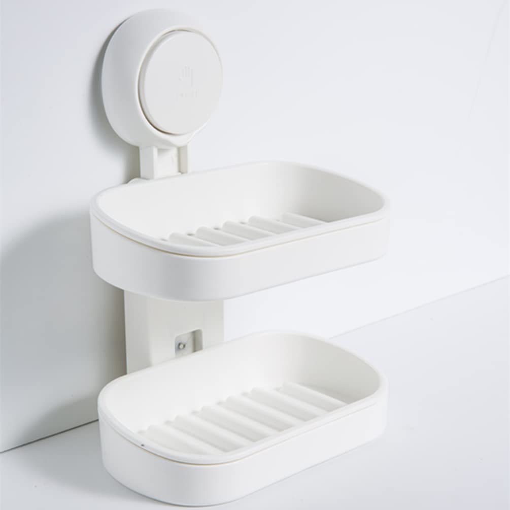 Double Layer Suction Cup Soap Dish - Waterproof Wall Mount Soap Holder for Bathroom, Shower, Kitchen Sink - No Drill Needed, Removable & Durable (White) - Perfect for Small Spaces, RV, Apartment & Dorm Use