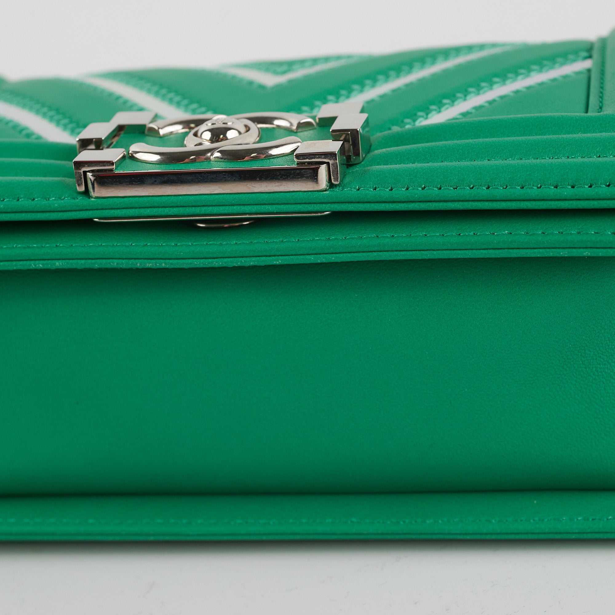 Chanel Chevron Boy Small Green Leather Bag with Holographic PVC - Luxury Crossbody Purse for Women, Perfect for Parties, Date Night & Special Occasions
