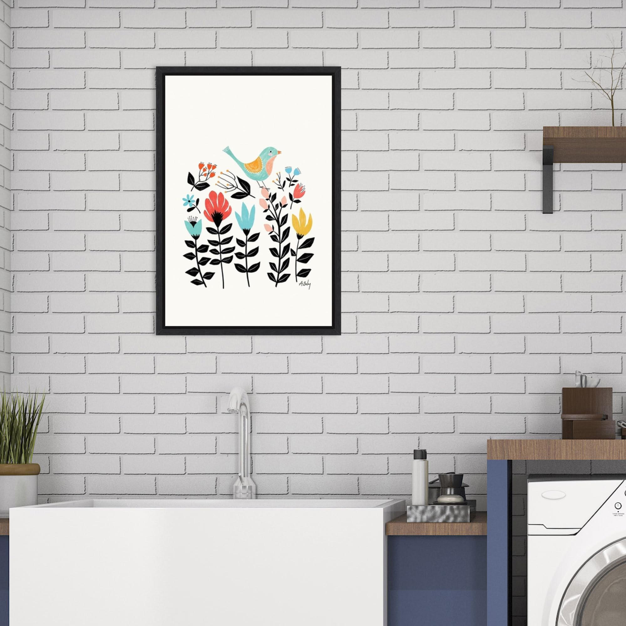 Amanti Art Framed Canvas Wall Art 23x16 - Folk Art Garden Bird Painting by Annie Bailey, Handcrafted Framed Wall Decor, Modern Animal Artwork for Living Room, Bedroom, Bathroom | Perfect for Home Decor, Housewarming Gift & Interior Design
