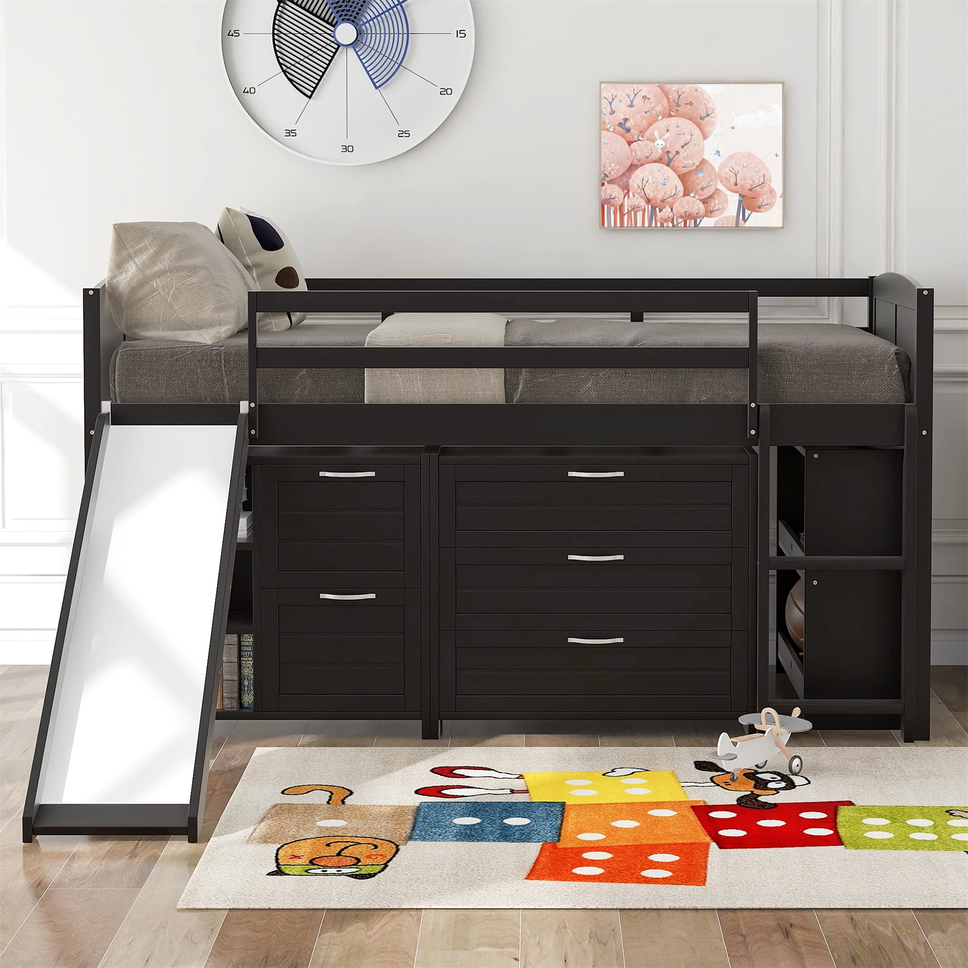 MERITLINE Twin Loft Bed with Slide - Kids Wooden Loft Bed with Storage Shelves, Drawers & Cabinet - Low Profile Twin Size Loft Bed Frame for Bedroom, Living Room or Playroom - Espresso Finish (New)