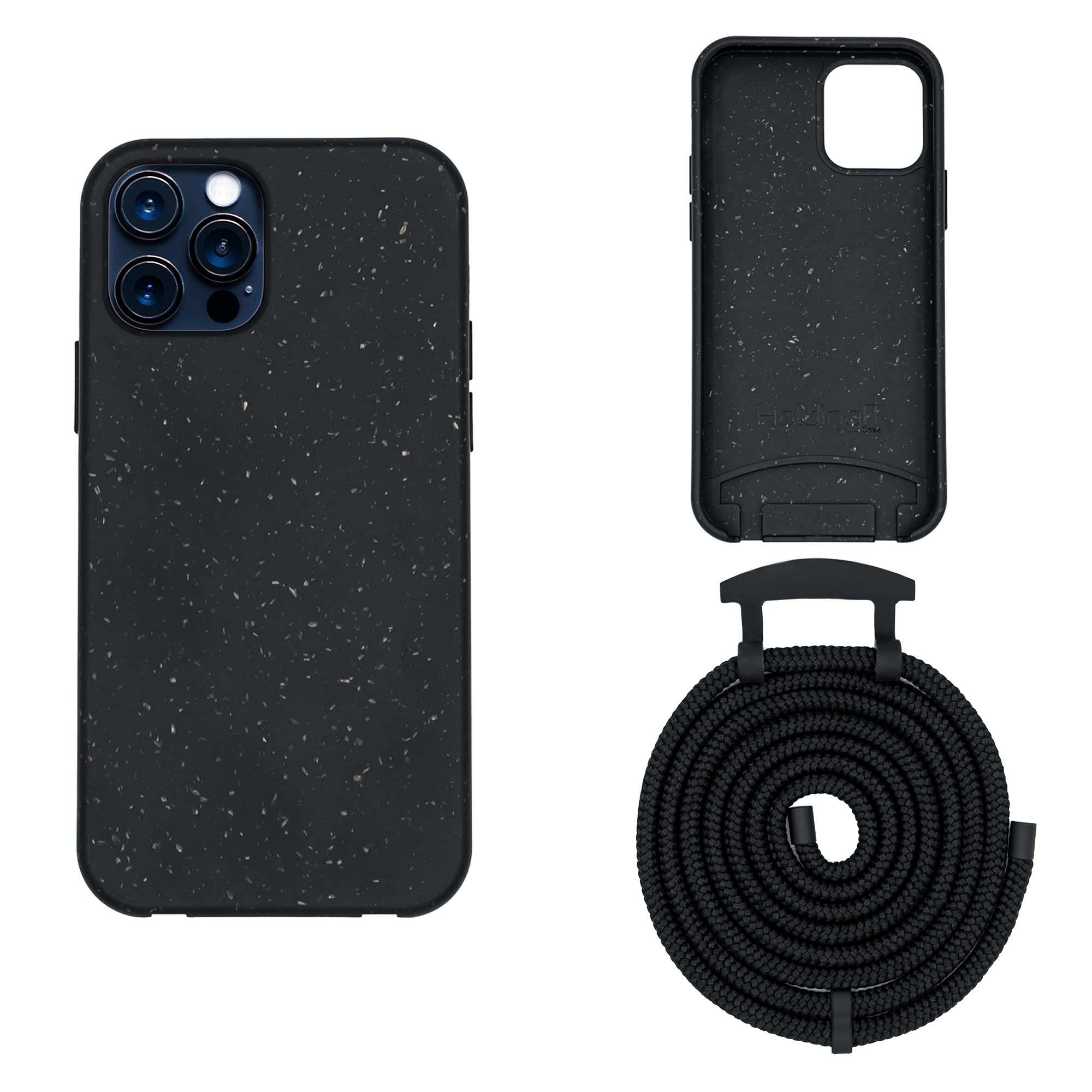 Eco-Friendly Biodegradable Crossbody Phone Case for iPhone 12/12 Pro/12 Pro Max - Detachable Lanyard, 2-in-1 Hands-Free Design with Drop Protection (Black) | Perfect for Outdoor Activities, Travel & Daily Commute