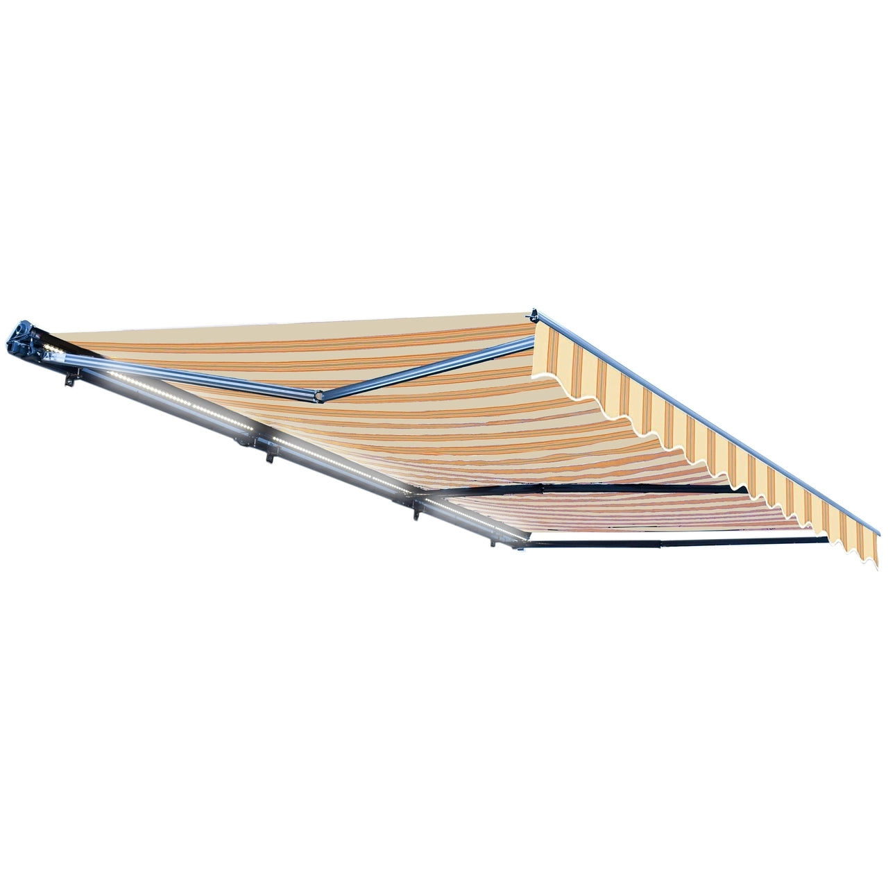 20x10ft Aleko Half Cassette Motorized Retractable LED Patio Awning - Multi-Striped Yellow Luxury Sunshade for Outdoor Decks, Gardens & Poolside Relaxation