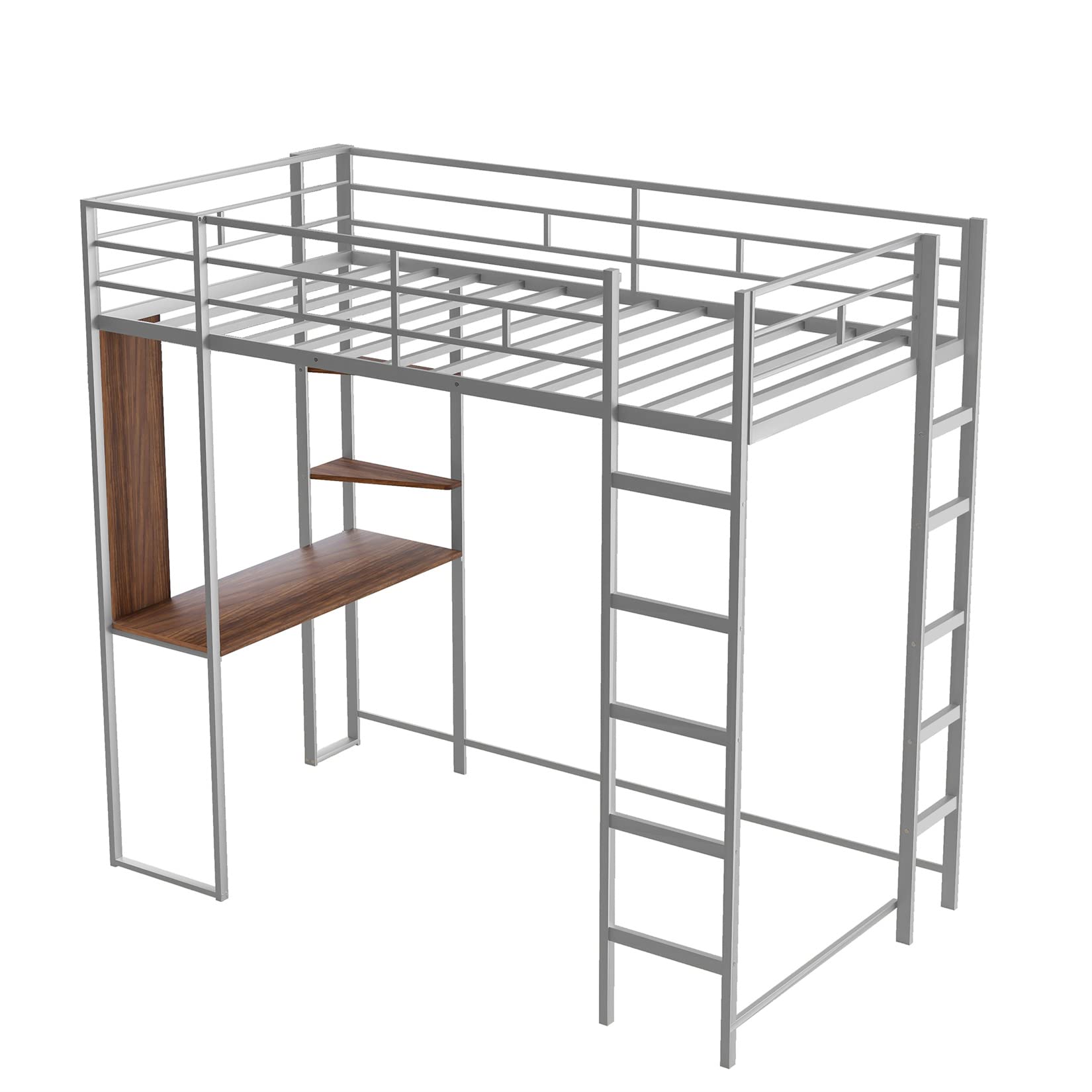 Bellemave Metal Loft Bed with Desk & Bookcase - Twin Size Space Saving Bunk Bed for Dorm Rooms, Kids & Teens - Includes 2 Ladders in Silver Finish | Perfect for Small Bedrooms, College Dorms & Studio Apartments