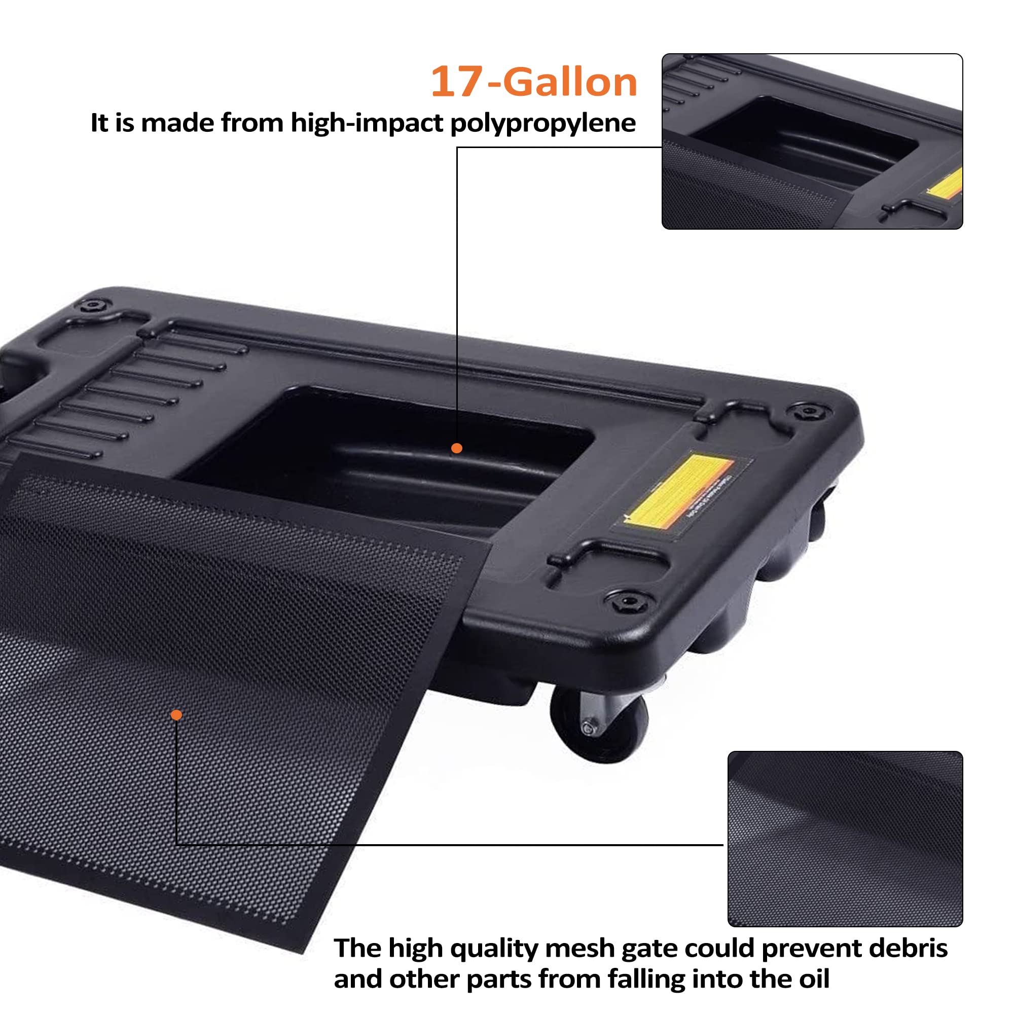 17 Gallon Oil Drain Pan with Electric Pump - Portable Low Profile Oil Change Tank for Cars, SUVs & Trucks - Large Capacity Drain Pan with Hose & Swivel Caster Wheels - Ideal for DIY Auto Maintenance & Professional Garage Use (Black)