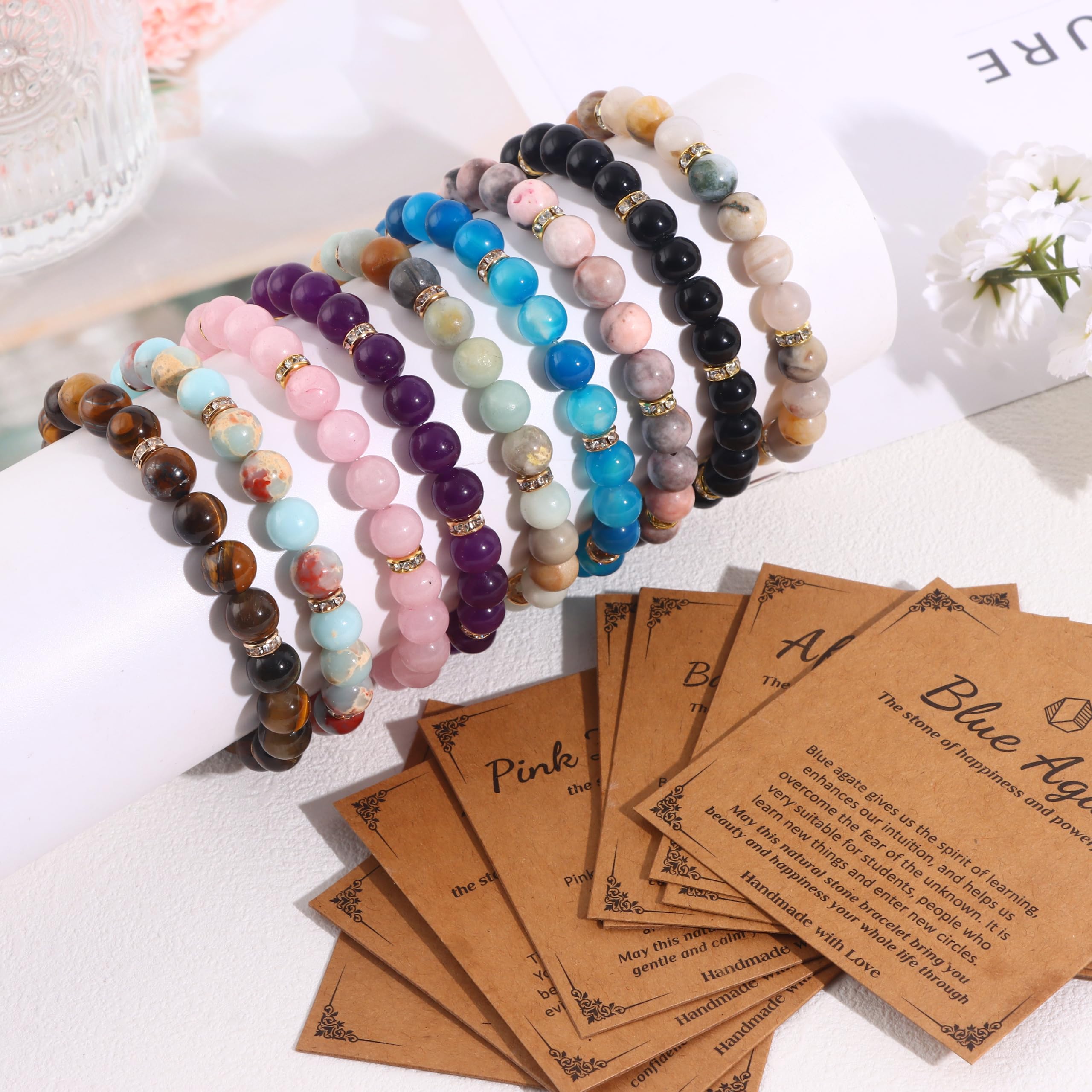 MOZAKA 9PCS Natural Crystal Bracelets for Women & Men - 8mm Healing Gemstone Beaded Bracelets Set, Stretch Round Beads Unisex Jewelry Gift for Meditation, Yoga & Positive Energy