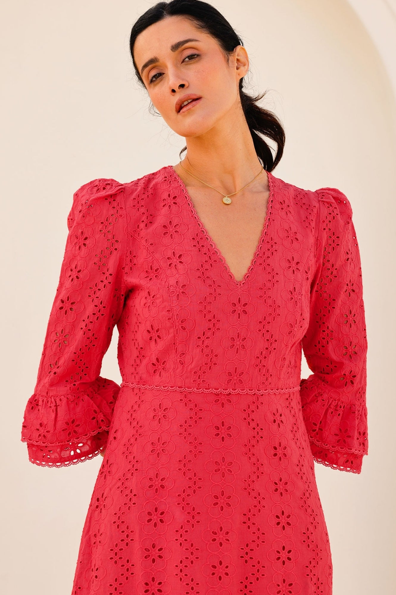 Victoria Broderie Floral Embroidered Maxi Dress - Red | Elegant Summer Beach Wedding Guest Dress for Women