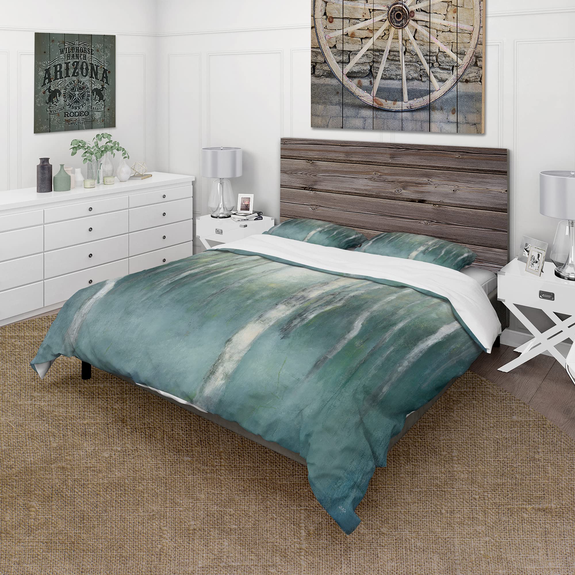DesignQ Green Forest Dream Farmhouse Duvet Cover Set - King Size Blue Cottage Bedding 3-Piece Set | All Season Comfort for Cozy Bedroom, Guest Room & Vacation Home Decor