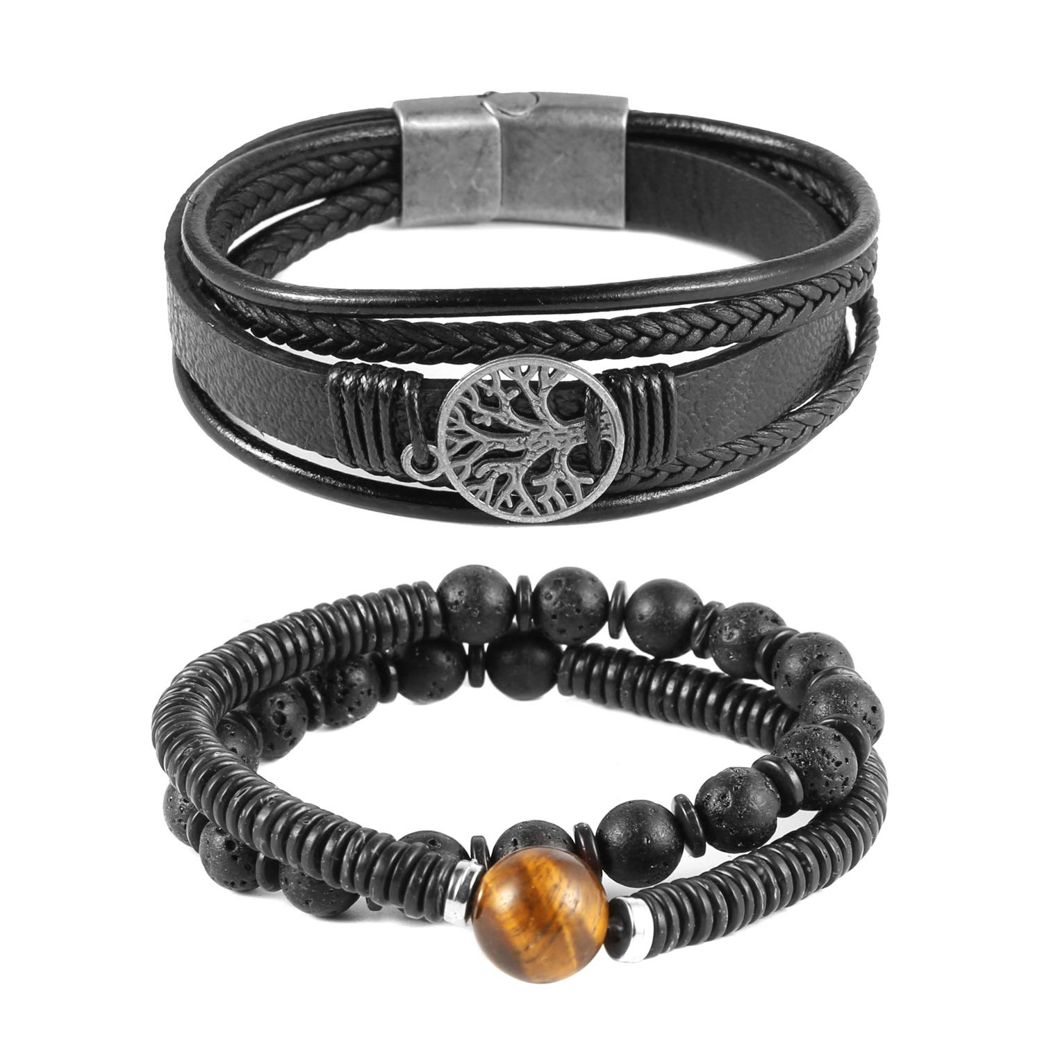 HZMAN Genuine Leather Tree of Life Bracelet for Men & Women - Tiger Eye Natural Stone & Lava Rock Beads Ethnic Tribal Elastic Wristband - Perfect for Yoga, Meditation, Boho Fashion & Gift Giving