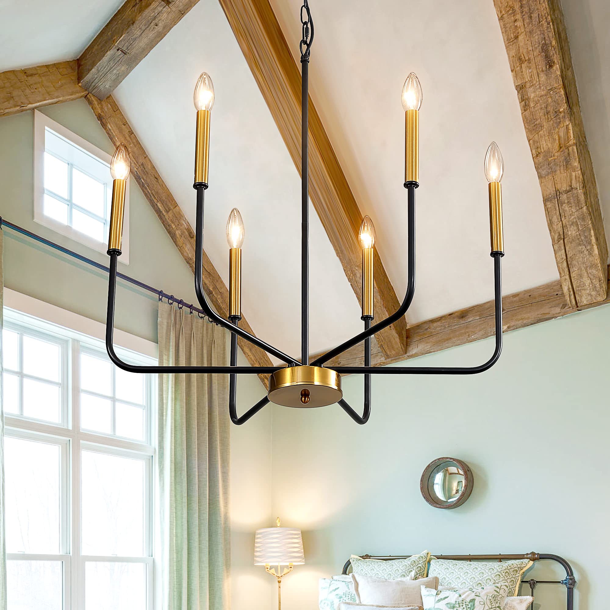 Modern 6-Light Black & Gold Farmhouse Chandelier - Adjustable Candle Pendant Light Fixture for Dining Room, Kitchen Island, Living Room & Entryway | Rustic Elegance for Home Decor & Wedding Venues