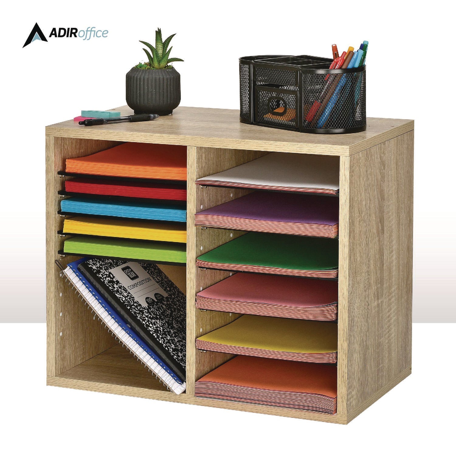 AdirOffice Wooden Adjustable 12-Section Letter Size Literature Organizer - Medium Oak (20