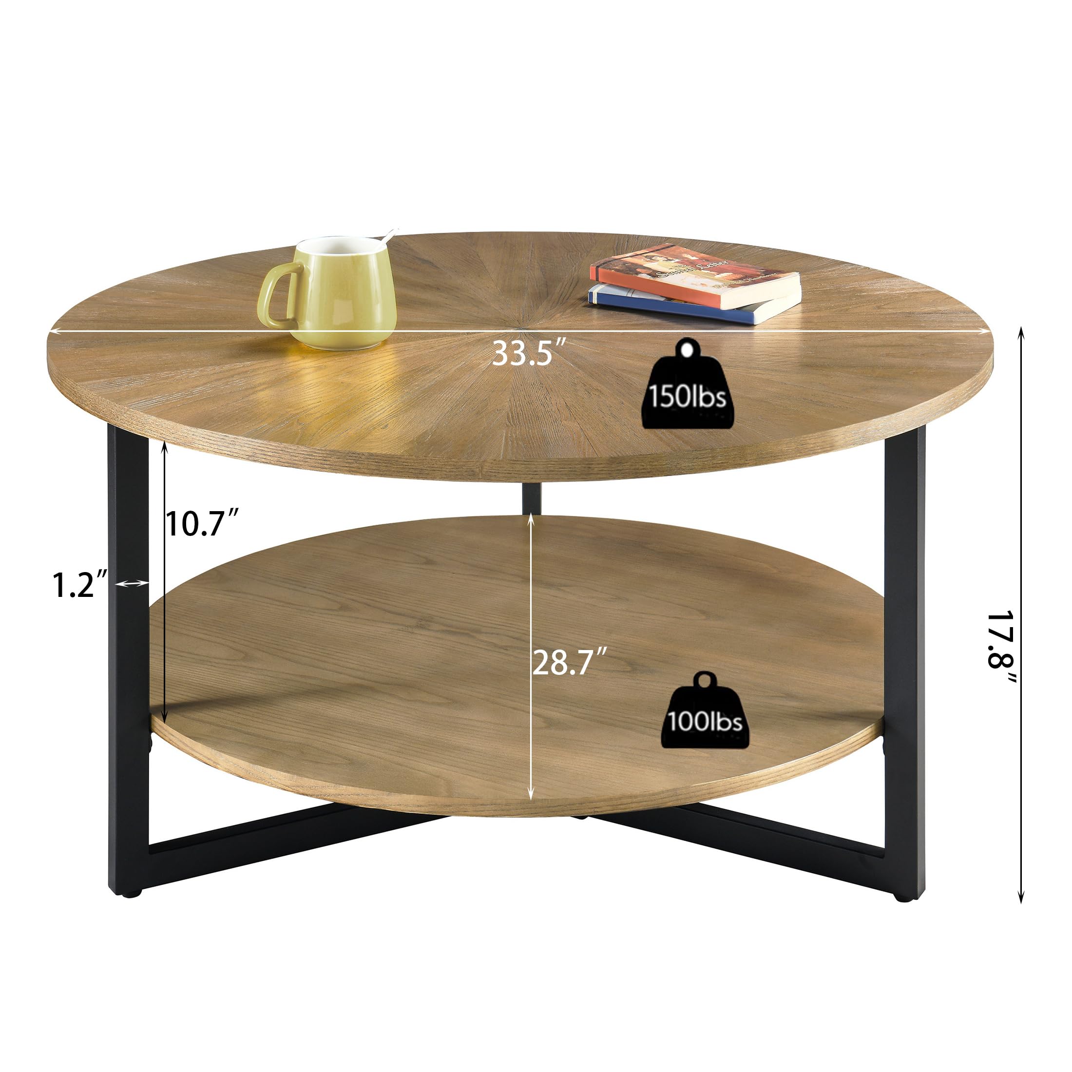 Round Coffee Table for Living Room - 2 Tier Solid Wood Coffee Table with Storage Shelf & Black Metal Legs, 33.5