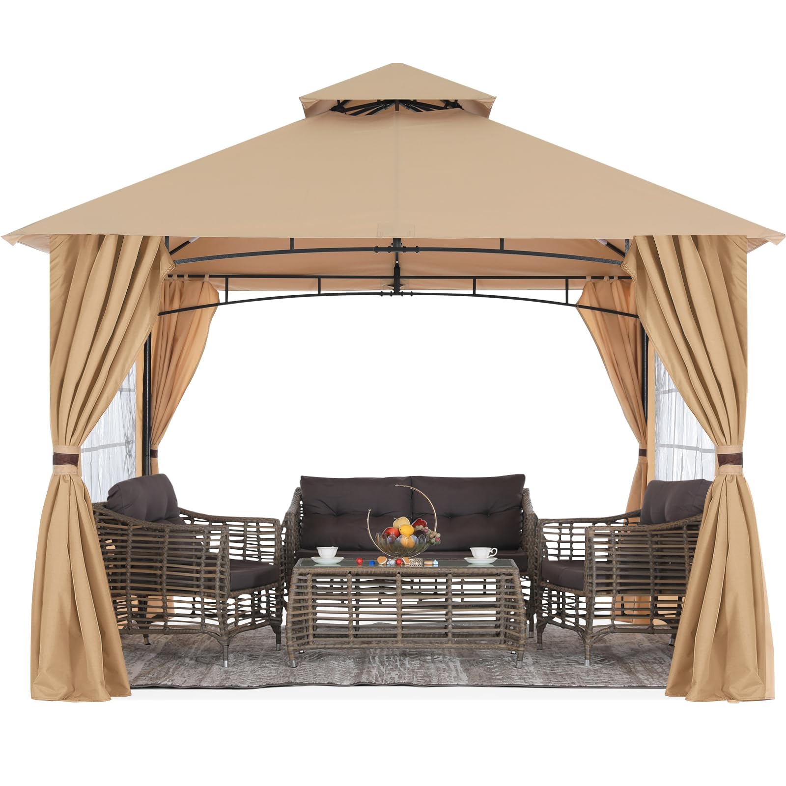 MASTERCANOPY 10x12 Beige Patio Gazebo with Steel Frame & Windows Curtains - Outdoor Canopy Tent for Backyard, Garden, and Poolside Relaxation