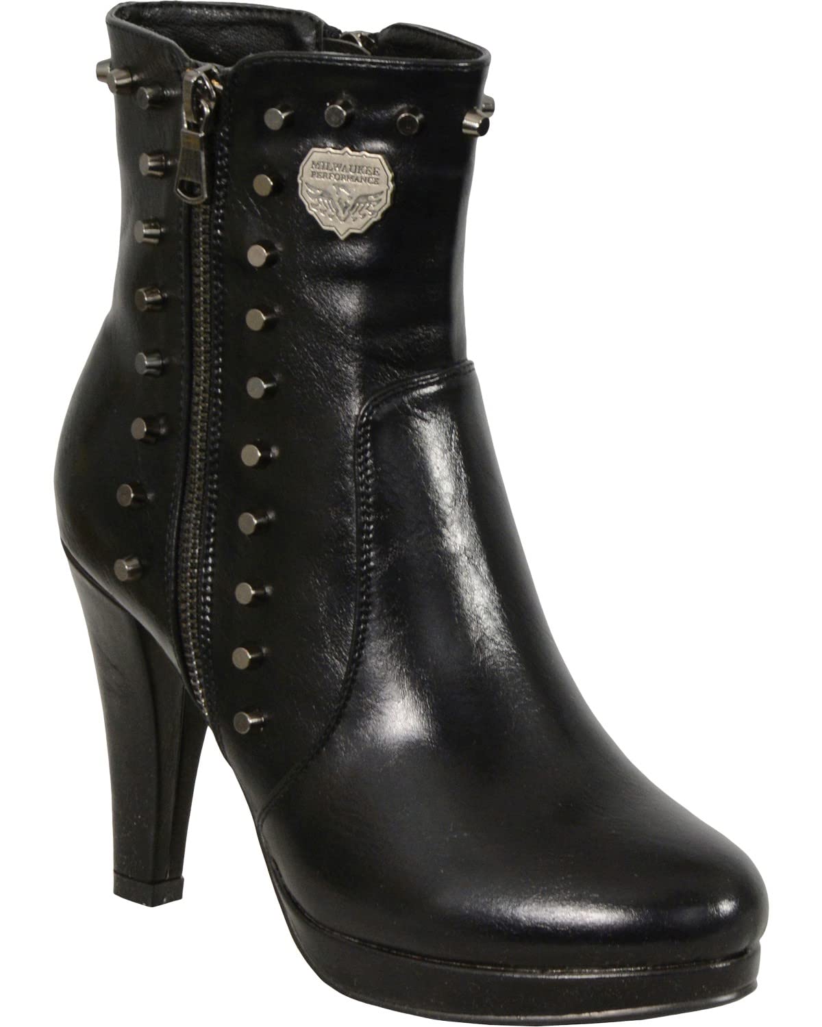 Milwaukee Leather Women's Spiked Side Zipper High Heel Boots - Round Toe Black Size 8 | Fashion Punk Ankle Boots for Night Out & Party Wear