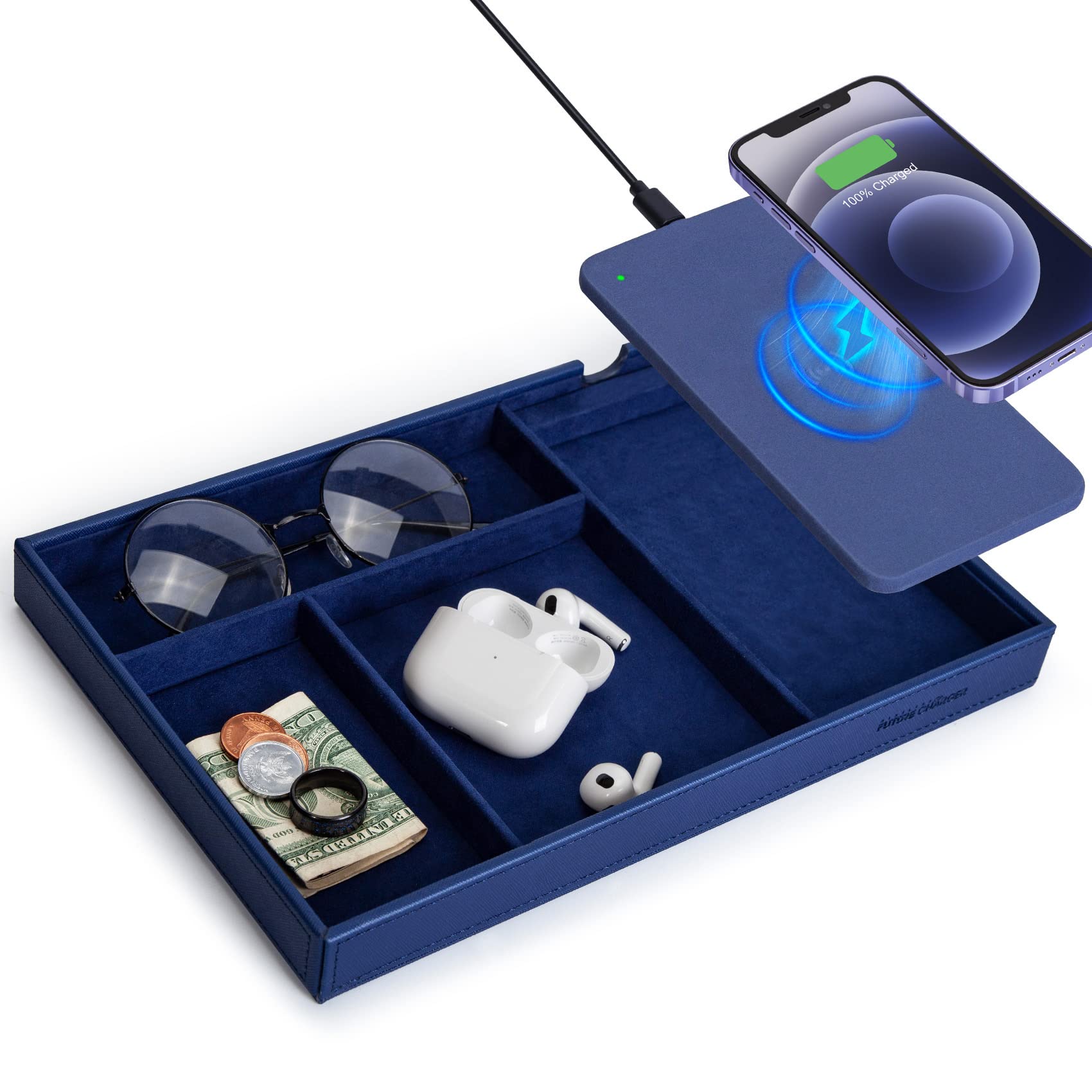 Wireless Charging Valet Tray for Men - Nightstand & Dresser Organizer with Jewelry Storage, Faux Leather Charging Station (Blue) - Perfect for Bedside, Office Desk & Travel Accessory Organization