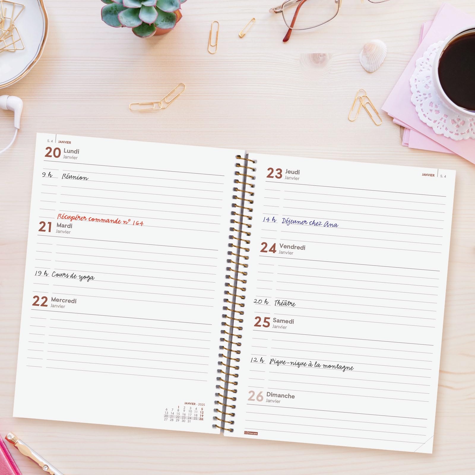 Finocam Spiral Planner 2025 - Weekly Horizontal Layout (January 2025-December 2025), 12-Month Gold Design - Perfect for Office, School & Personal Organization