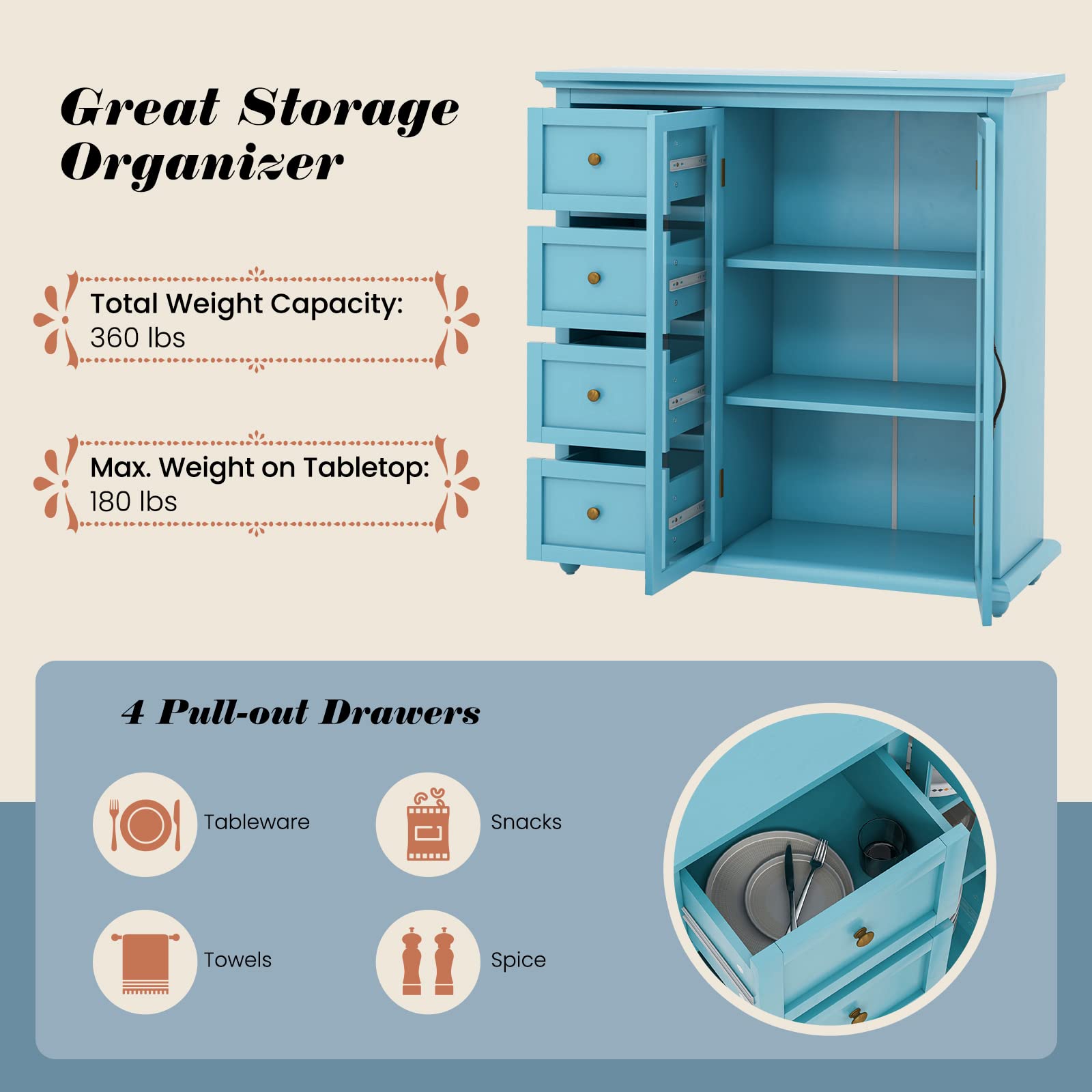Blue Sideboard Buffet Cabinet with 4 Drawers & Glass Doors for Kitchen & Dining Room Storage