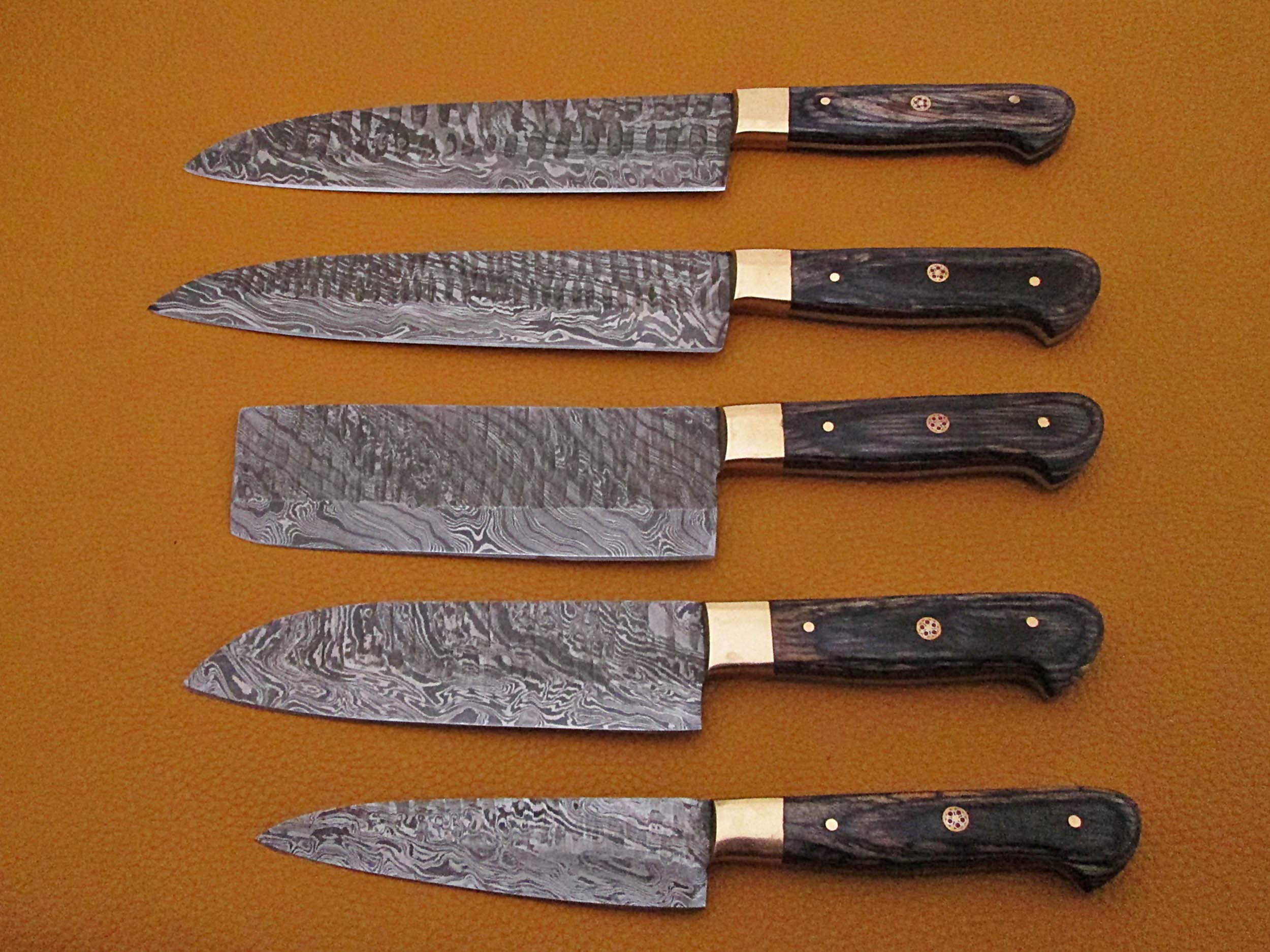 Premium 5-Piece Damascus Steel Kitchen Knife Set - Hand Forged Hammered Blades with 2-Tone Wood Handle - 54-Inch Razor Sharp Knives - Includes Black Goat Suede Leather Sheath - Perfect for Professional Chefs & Home Cooking Enthusiasts