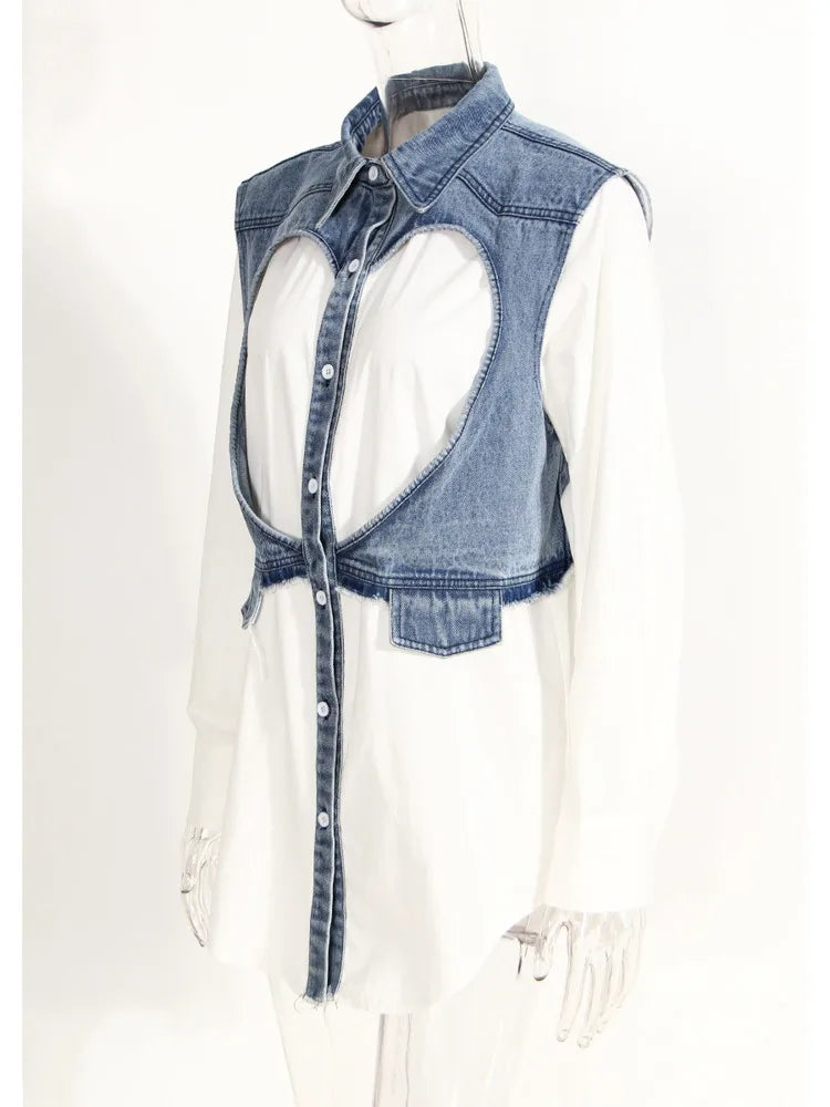 DEAT Fashion Women's Denim Shirt - Lapel Loose Fit Hollow Out Design Single Breasted Blouse with Denim Splice Fake Two Piece Look | Summer Casual Wear for Outings, Work & Date Nights
