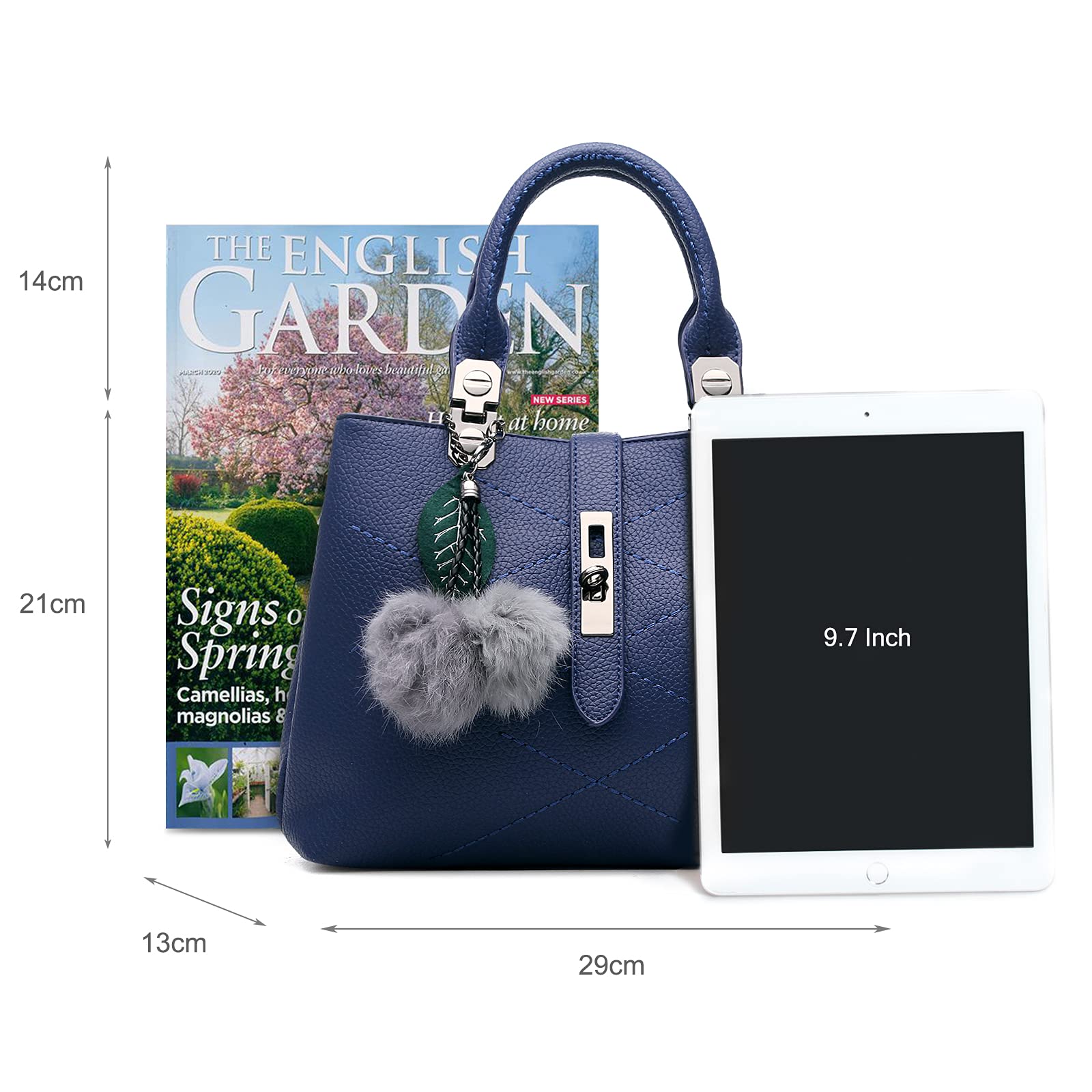 Nicole & Doris Women's Handbags - Stylish PU Leather Messenger Tote Shoulder Bag with Top Handle & Pompom Pendant, Waterproof & Durable (Blue) - Perfect for Work, Travel, and Everyday Use