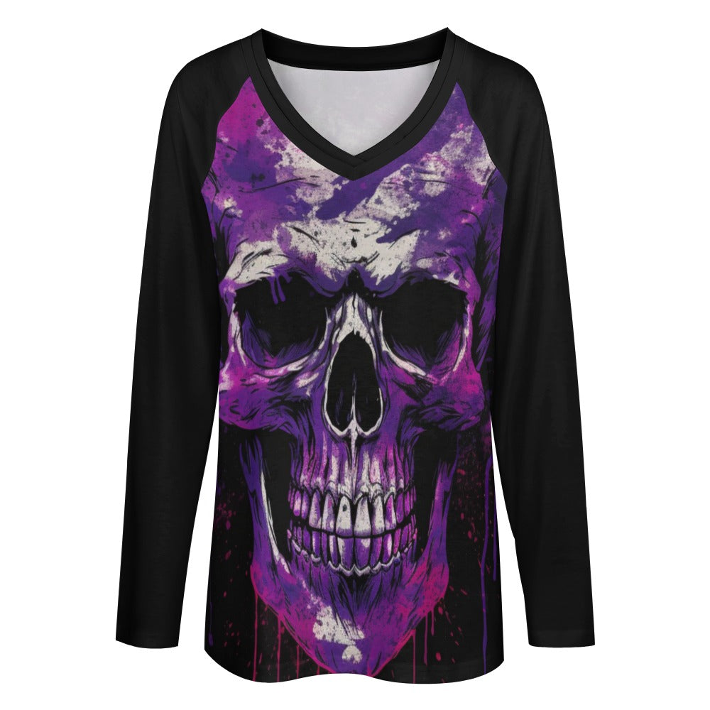 Grunge Purple Skull Print Long Sleeve Loose Fit T-Shirt for Women - Gothic Streetwear, Casual Outfit, Halloween Costume, Concert Fashion