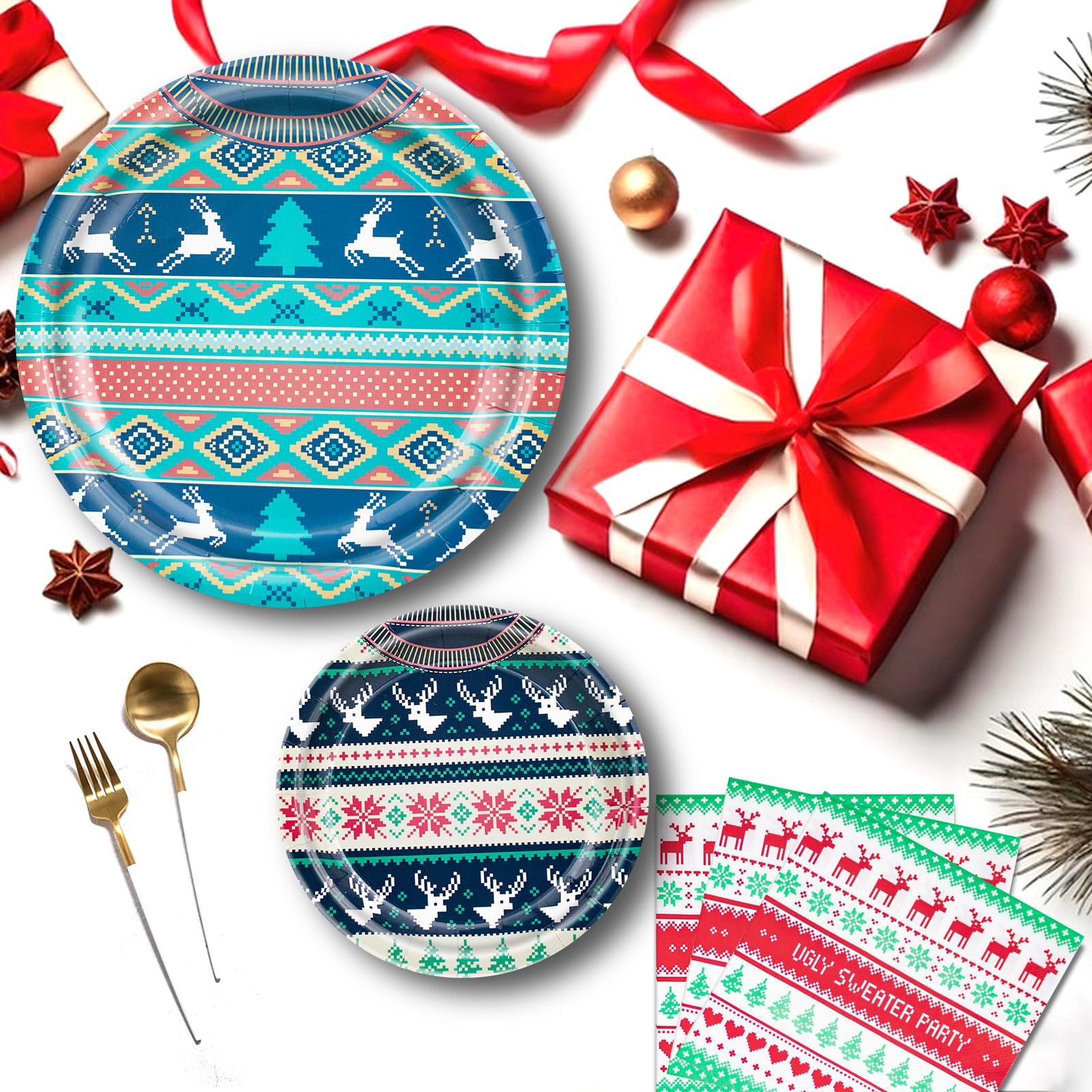 180-Piece Ugly Christmas Sweater Party Supplies Set - Serves 60 Guests | Christmas Paper Plates, Napkins & Dinnerware Kit for Holiday, Birthday & Xmas Celebrations | Includes Dinner Plates, Dessert Plates & Napkins | Perfect for Christmas Parties, Office Events & Family Gatherings