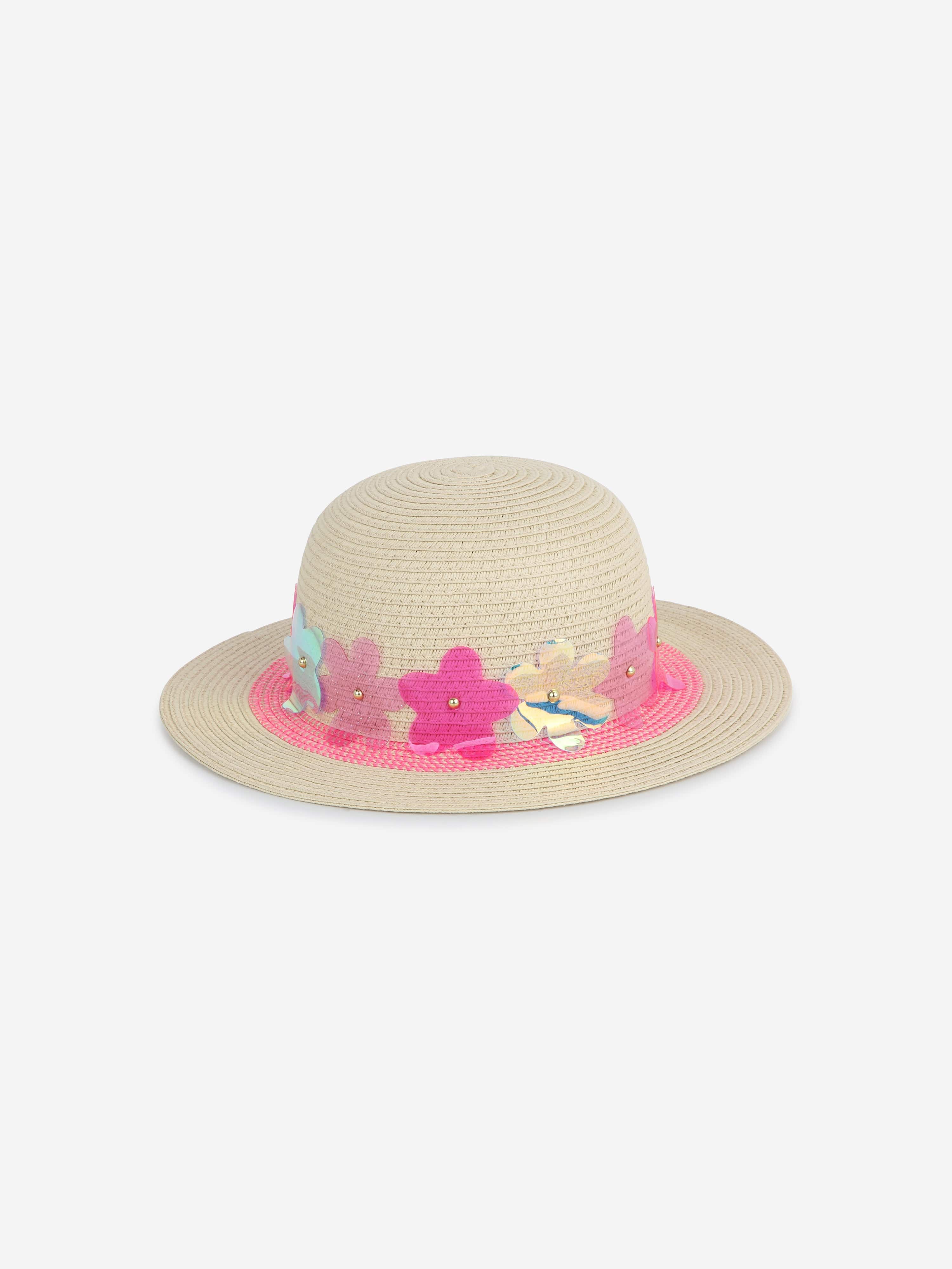 Billieblush Girls' Beige Floral Sun Hat - UV Protection Wide Brim Summer Hat for Beach, Garden & Outdoor Activities