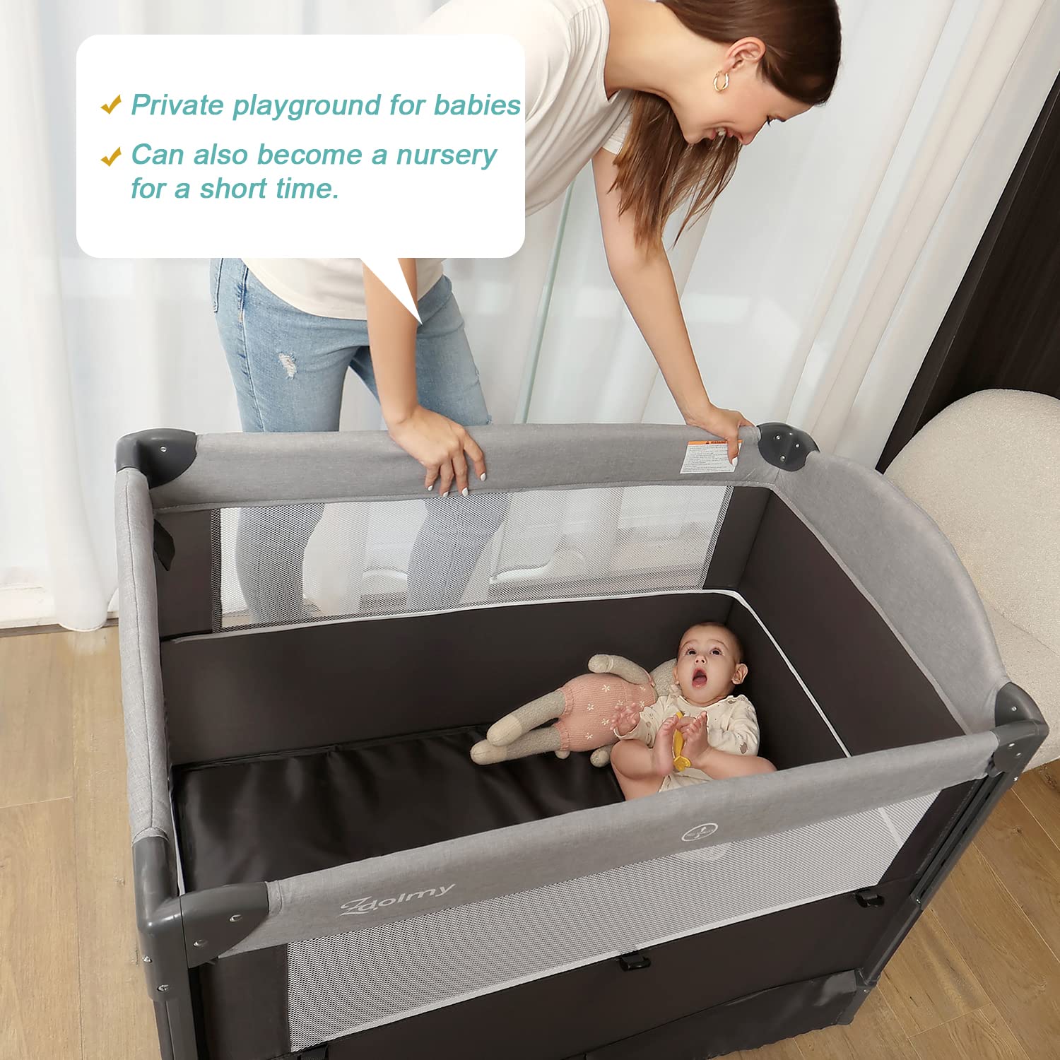 **Zdolmy 4-in-1 Baby Bedside Sleeper Bassinet & Play Yard – Adjustable Height, Diaper Changing Table, Storage Bag, Toy Arch & Music – Portable Crib for Newborns & Infants – Perfect for Nursery, Travel & Co-Sleeping**